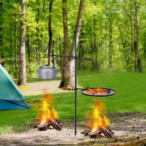Miniatura 3 de Parrilla giratoria ajustable 2 en 1 para fogata negra, parrilla de barbacoa de carbón resistente sobre fuego, parrilla de campamento de carbón para