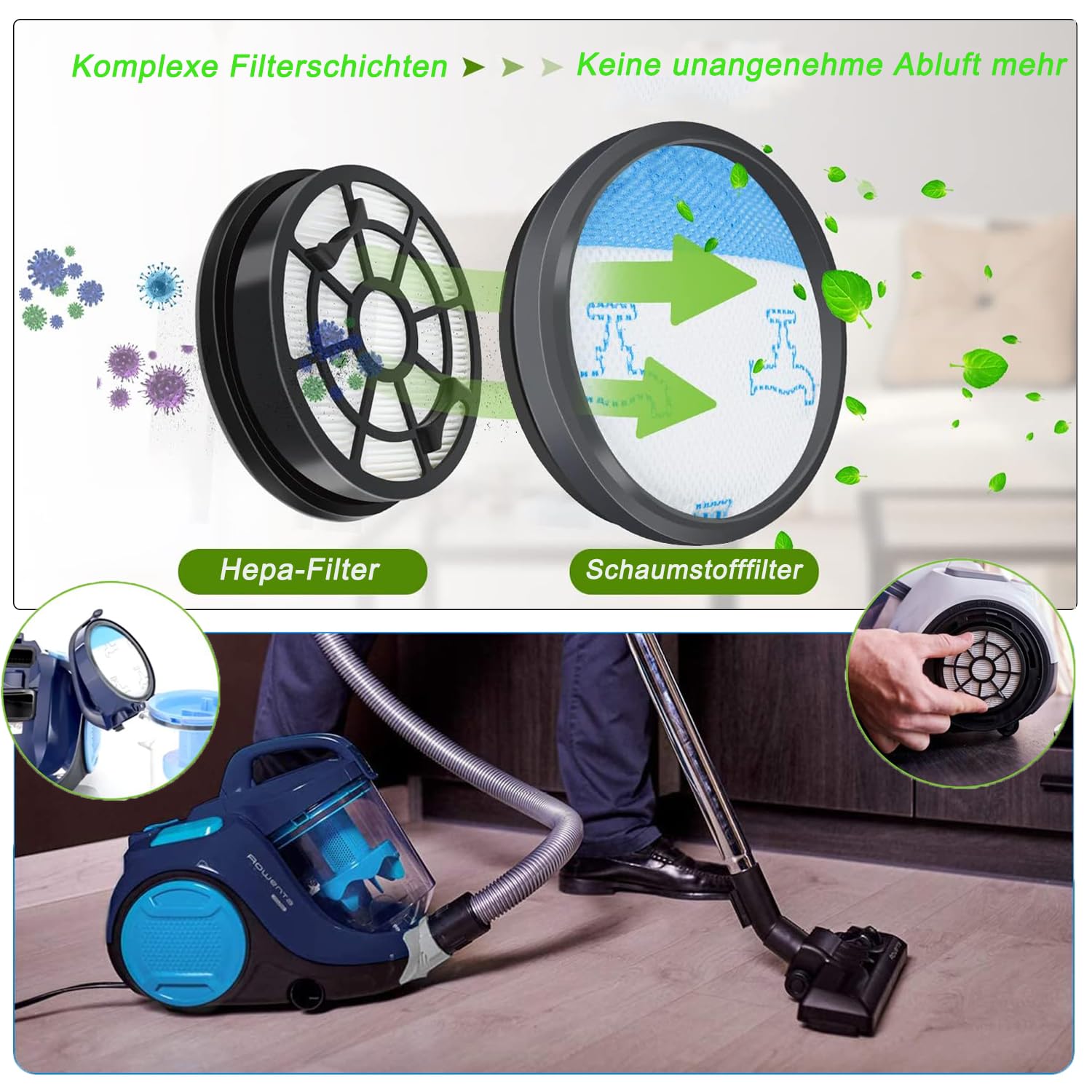 FFyan Voor- en post-filters wasbaar voor Rowenta Swift Power Cyclonic Stofzuiger RO2932EA RO2910EA RO2913EA RO2915EA RO2933EA RO2957EA RO2981EA stofzuiger accessoires, Vervang # ZR904301