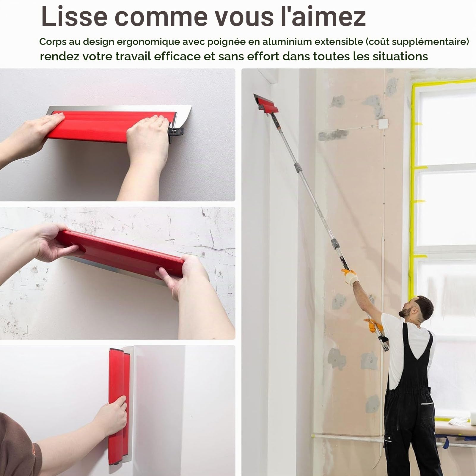 Lames d'Écrémage en Acier Inoxydable 250/400/600 mm avec Poignée d'Extension Spatule de Lissage Professionnelle pour Cloisons Sèches et Finition