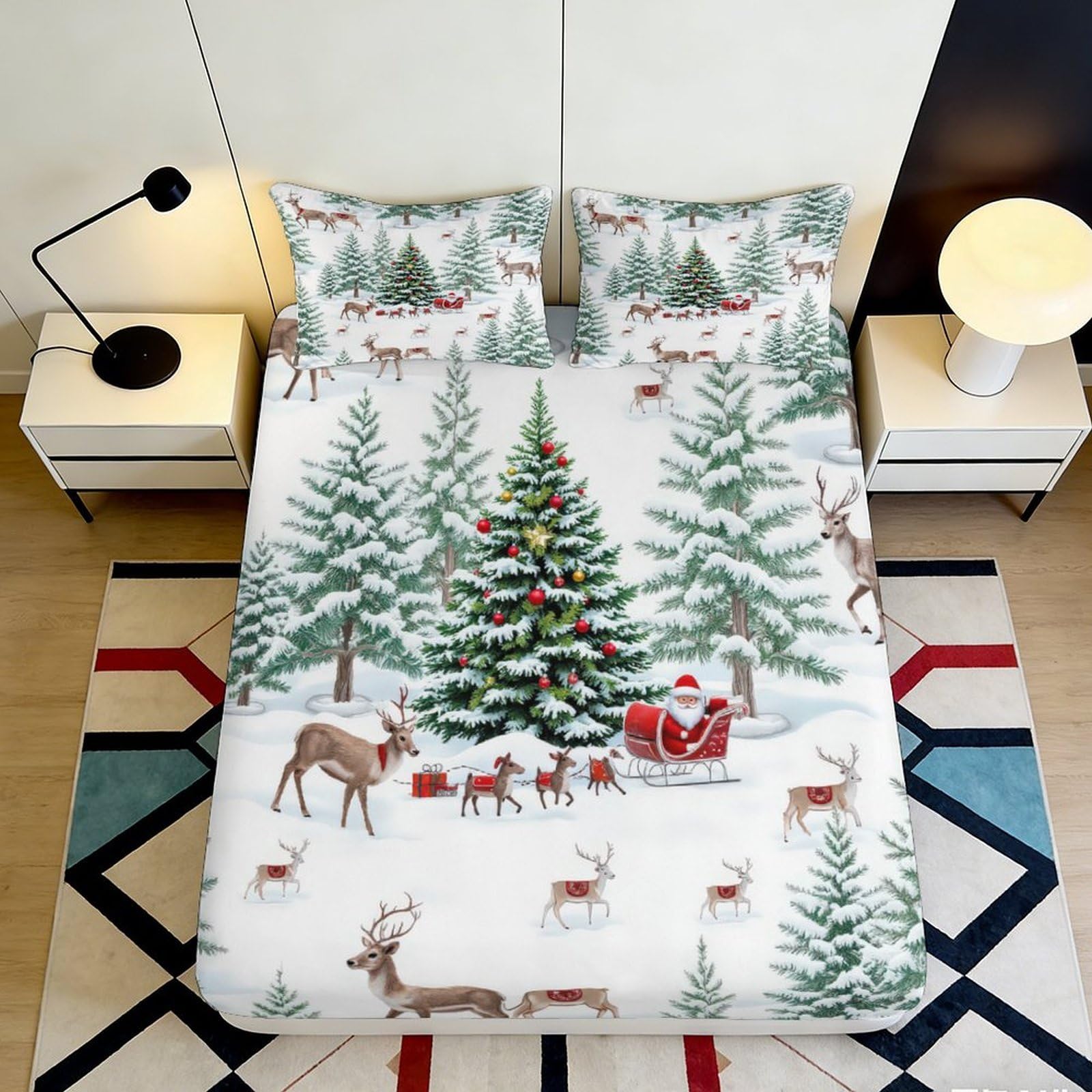 3D Printed Christmas Reindeer Fitted Sheet Microfiber Soft Santa Tree Mattress Cover for Bedroom Guest Room Decor 90x200x25cm