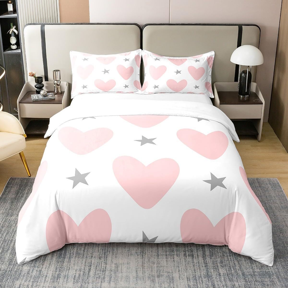 Housse de couette rose 240x220 parure de lit microfibre douce étoiles pour chambre fille