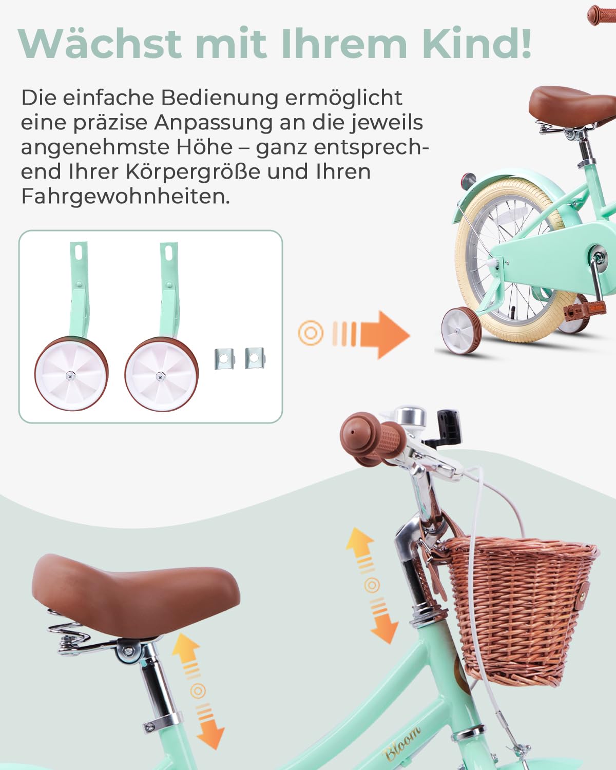 Bloom 12 14 16 18 20 Zoll Retro Mädchenfahrrad für 2-13-Jährige, mit Weidenkorb und Stützrädern, Rosa/Grün/Pfirsich/Gelb