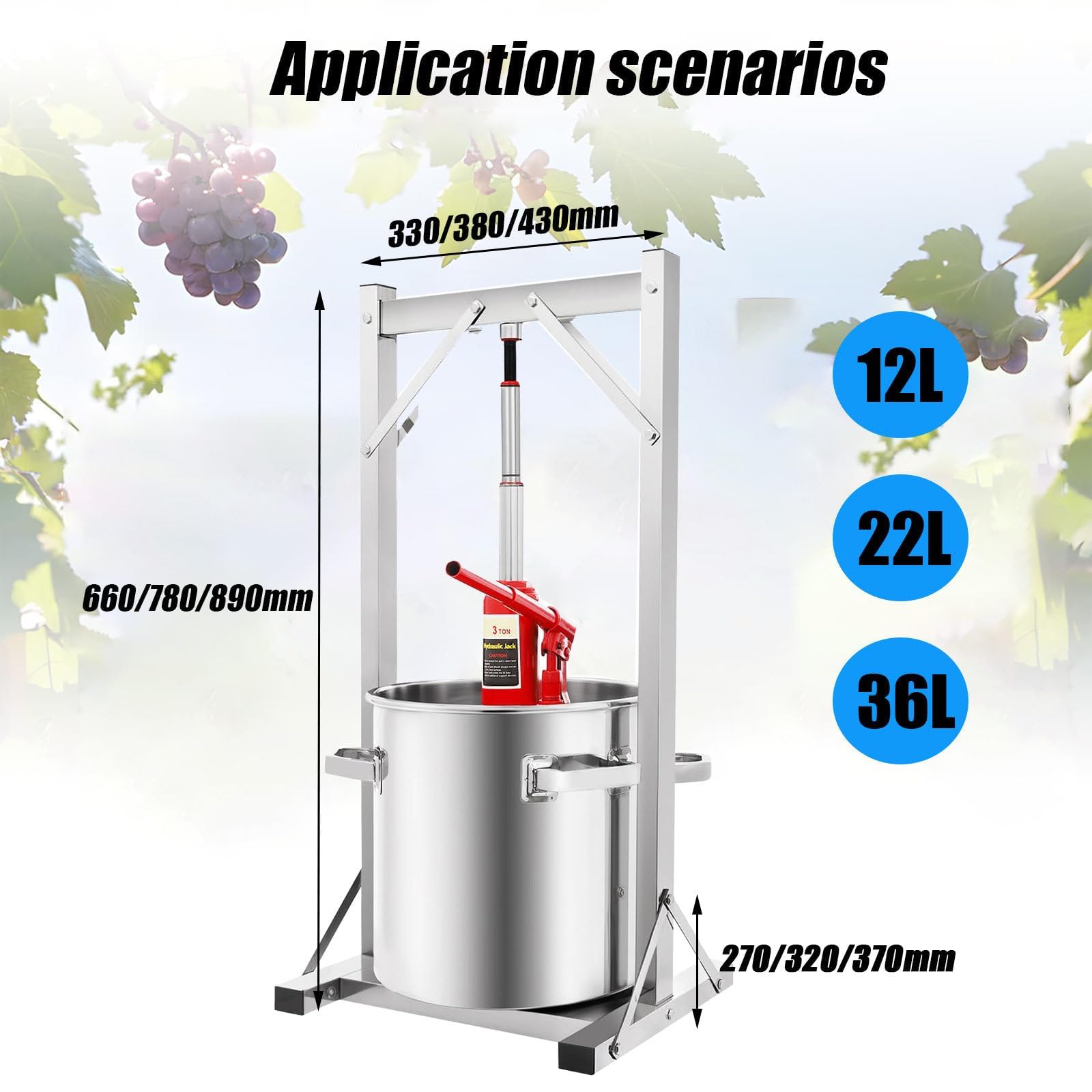 Prensa hidráulica de vino de frutas, máquina manual de jugo con gato y bandeja sanitaria, prensador de hierbas de queso de acero inoxidable para sidra y vino de uva, 12 litros