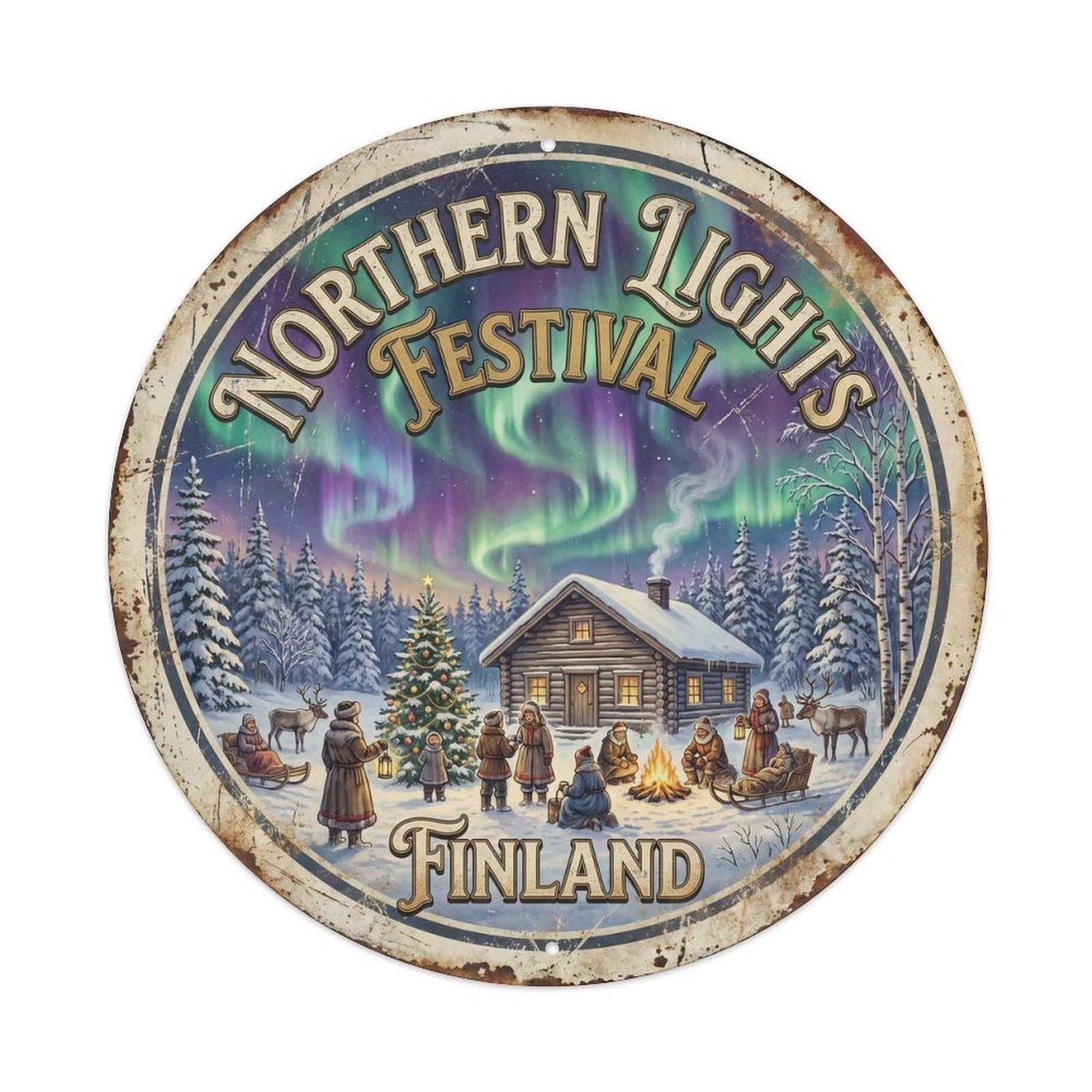 Vintage Travel Northern Lights Finland Celebration Metal Tin Sign Plaque Wall Decor for Cafe, Club Bar, Office, Home Garden Round Metal Poster 8x8Inch