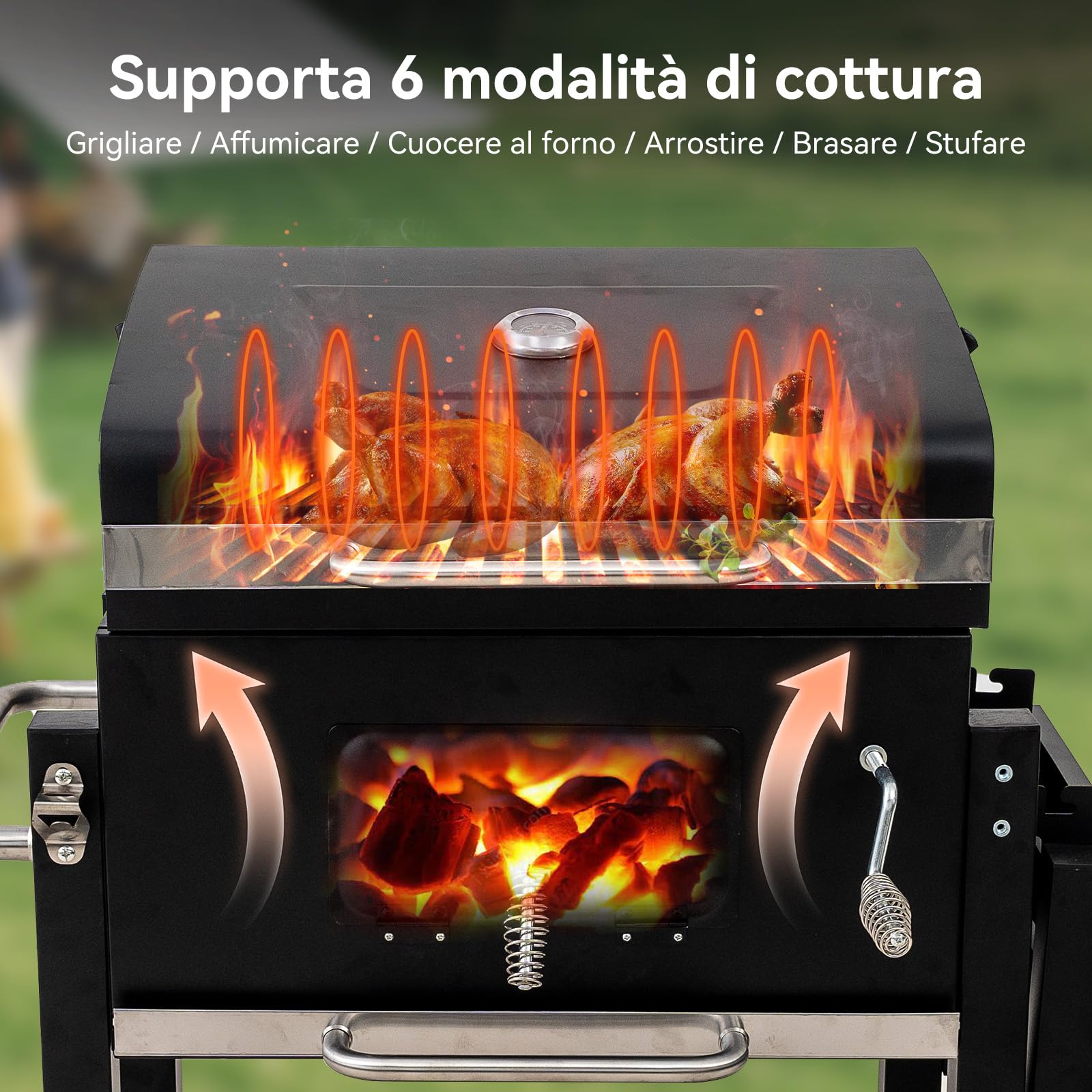 Barbecue a Carbonella, Barbecue con Coperchio, Superficie Cottura: 56×42,5 cm, Vassoio Carbone Regolabile in Altezza, Tavolino Laterale Pieghevole, Con Copertura Barbecue da Esterno