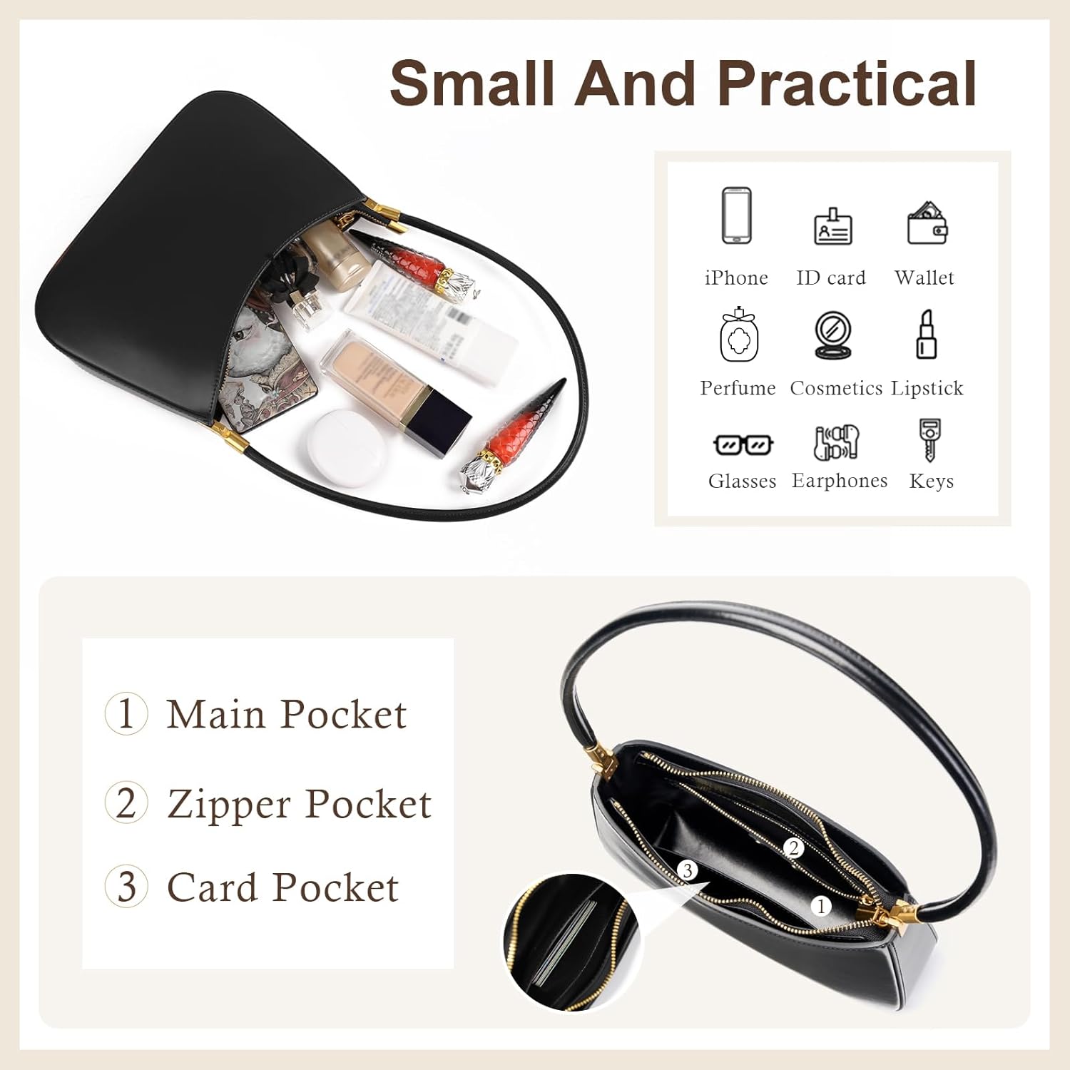 Genuine Leather Shoulder Bag for Women, Crescent Satchel with Zip Closure, Lightweight Handbag - Image 6