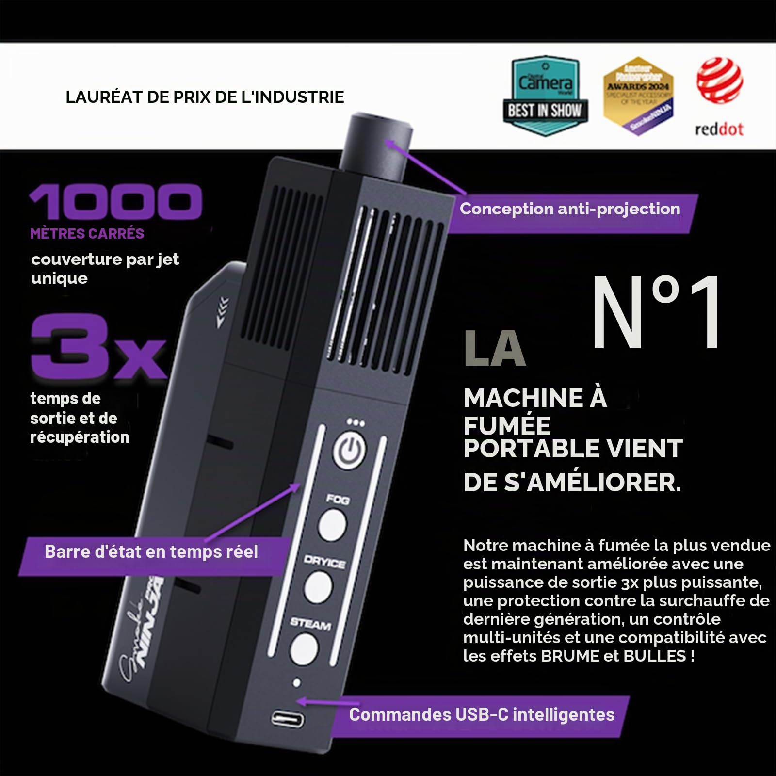 PMI SmokeNINJA PRO KIT Machine à brouillard portable avec temps d'éclatement prolongé, contrôle USB-C, effets de brouillard supérieur, vapeur et glace sèche pour utilisation en studio et événement