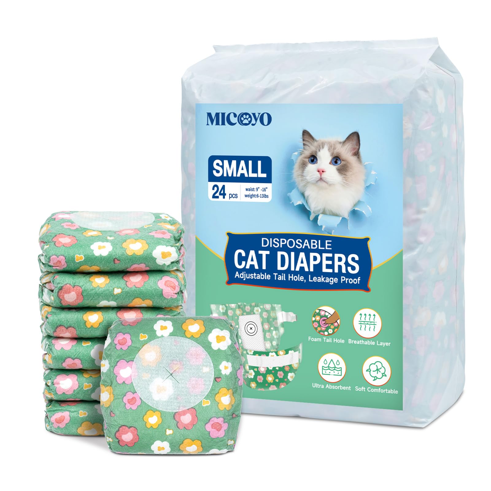 MICOOYO Disposable Cat Nappies Female Super Absorbent Puppy Nappies Cat Dog Hygiene Pants Cats Diapers for Female in Heat & incontinence(S, 24pcs,green) — image 1