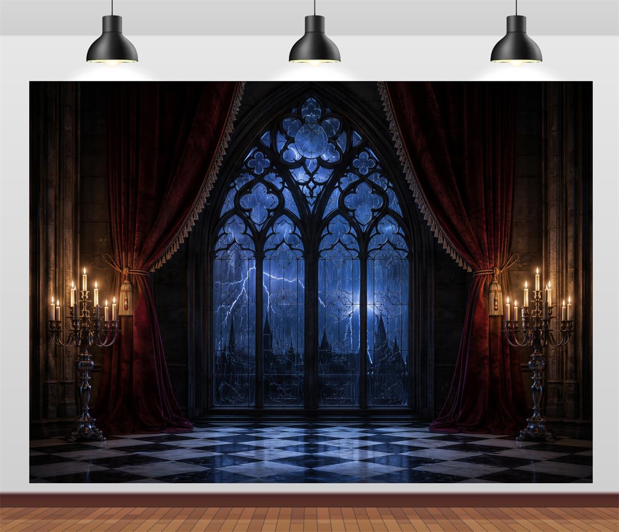 BELECO 3x2.5m Sfondo in tessuto Camera Castello Gotico Halloween | Finestra In Vetro Ad Arco Spaventosa Tempesta Tenda Candeliere Sfondo Medievale Oscuro Orrore Telo Di Sfondo