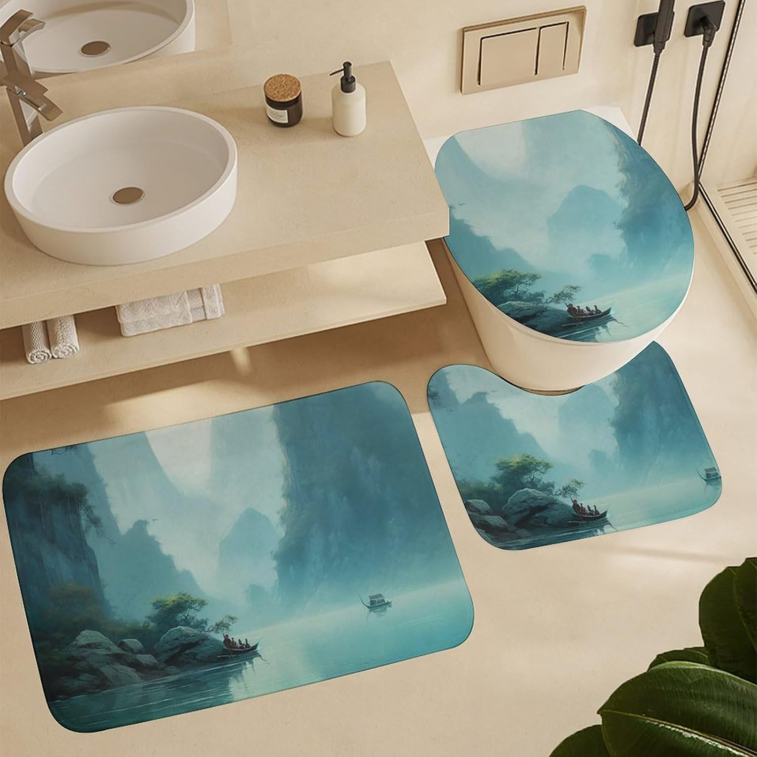Anti-Skid Floor Mats 3 Piece Set,Country Life Pictures Printed Coral Fleece Bathroom Mats U-Shaped Contour Mat Toilet Seat Cover for Bathroom, Tub, Shower, Kitchen 19.7"x31.5"