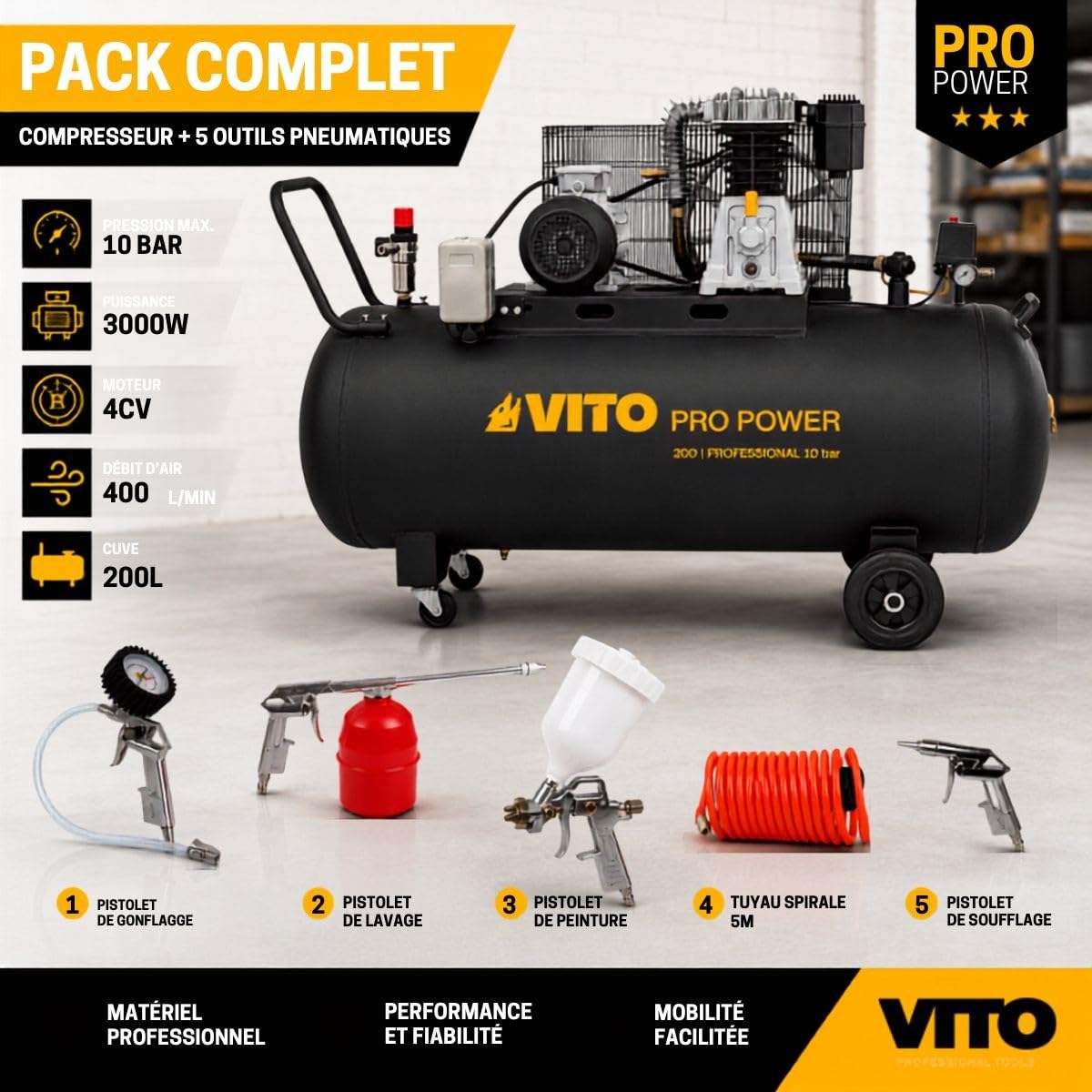 VITO - Compressore d'aria 200 l 10 bar 3 kW 400 l/min + 5 utensili pneumatici Kit completo gonfiaggio soffiaggio vernice garage officina
