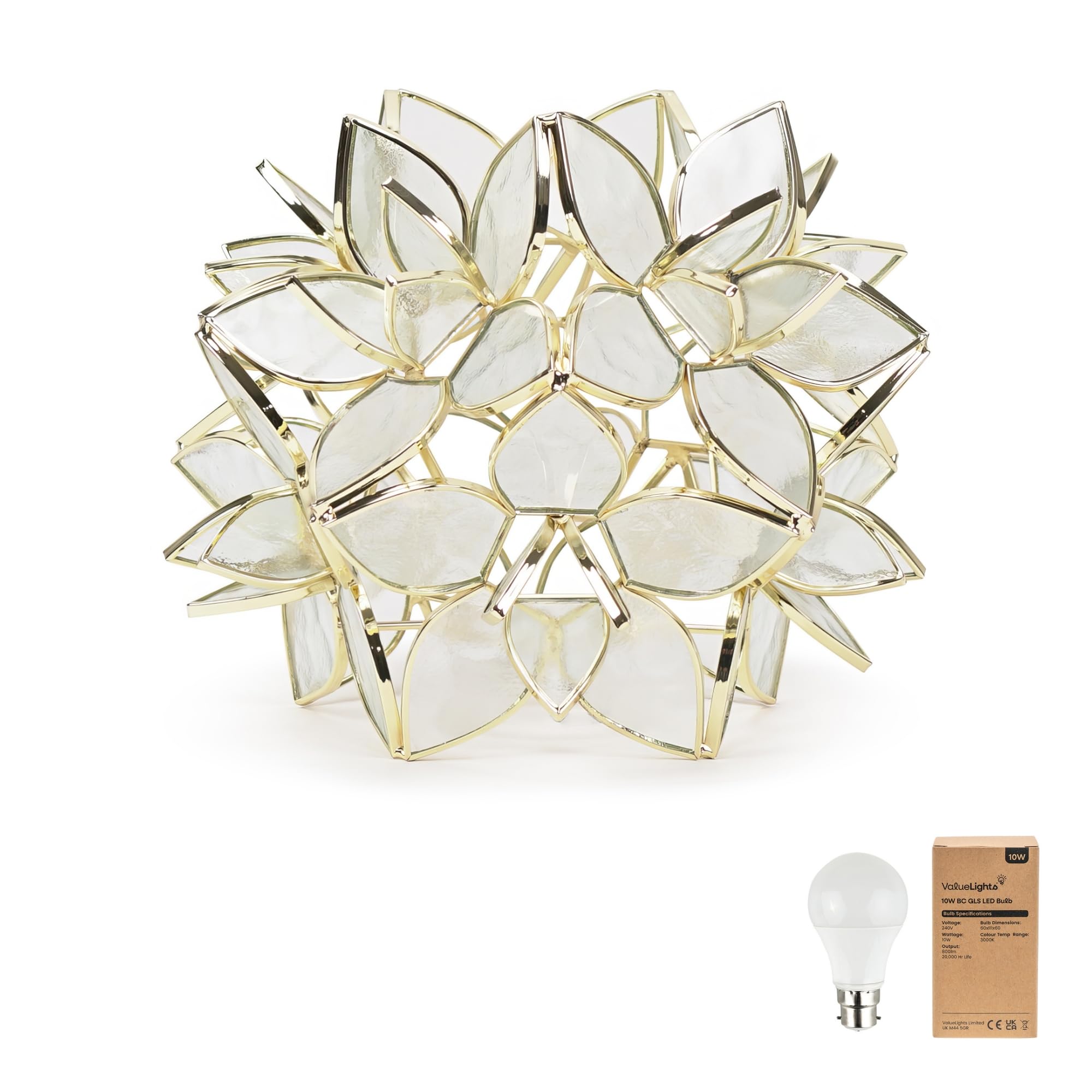 ValueLights | Clear Easy Fit Glass Flower Pendant Ceiling/Table Lampshade | Lamp Shades, Home Décor & Improvement Essential | Includes Bulb [3000K Warm White] | 21cm Shade Width