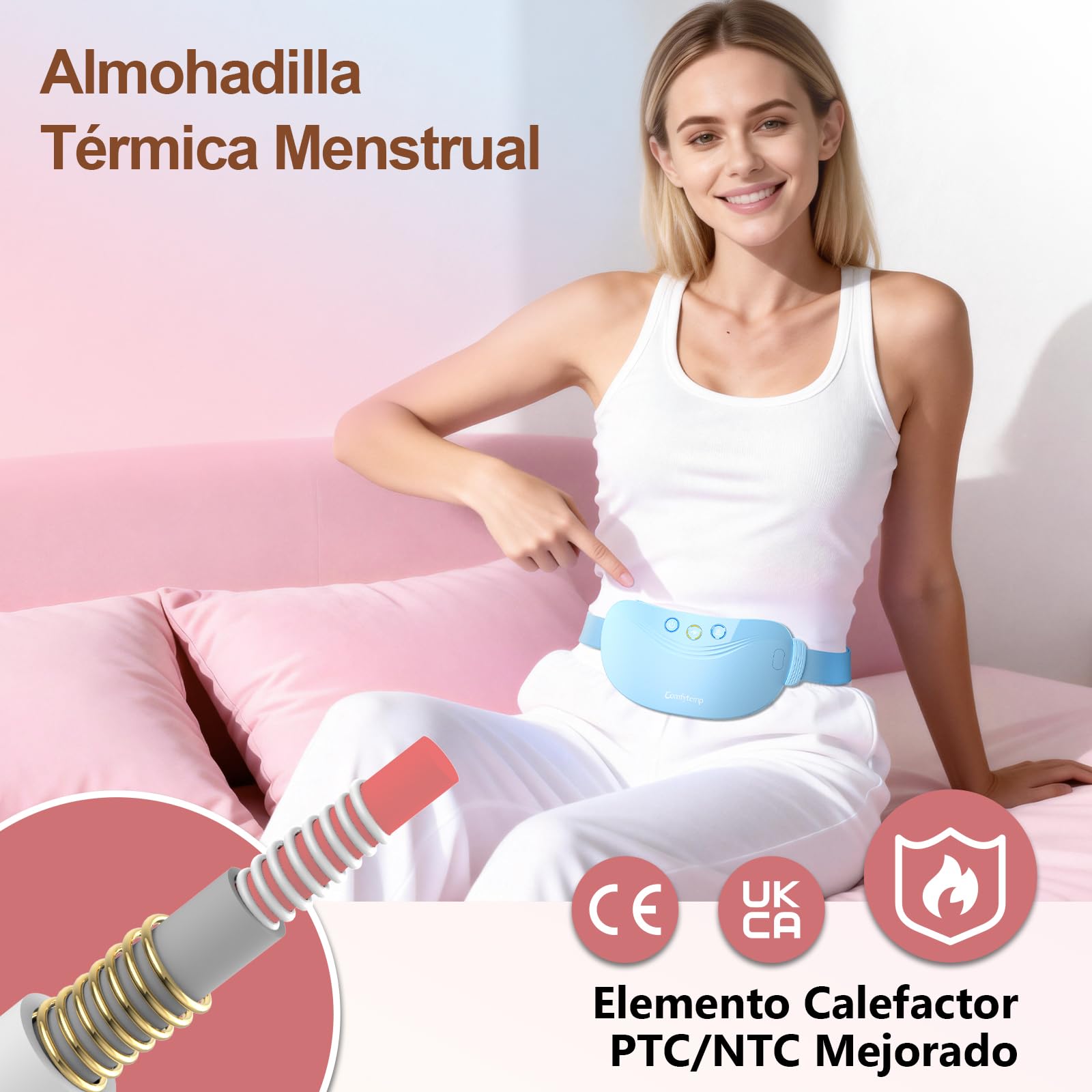 Comfytemp Almohadilla Térmica Menstrual de Grafeno, Cinturón Masajeador Portátil con 3 Modos de Vibración y 2 Niveles de Intensidad, Capacidad de 2500mAh, Regalo Ideal para Madre y Seres Queridos