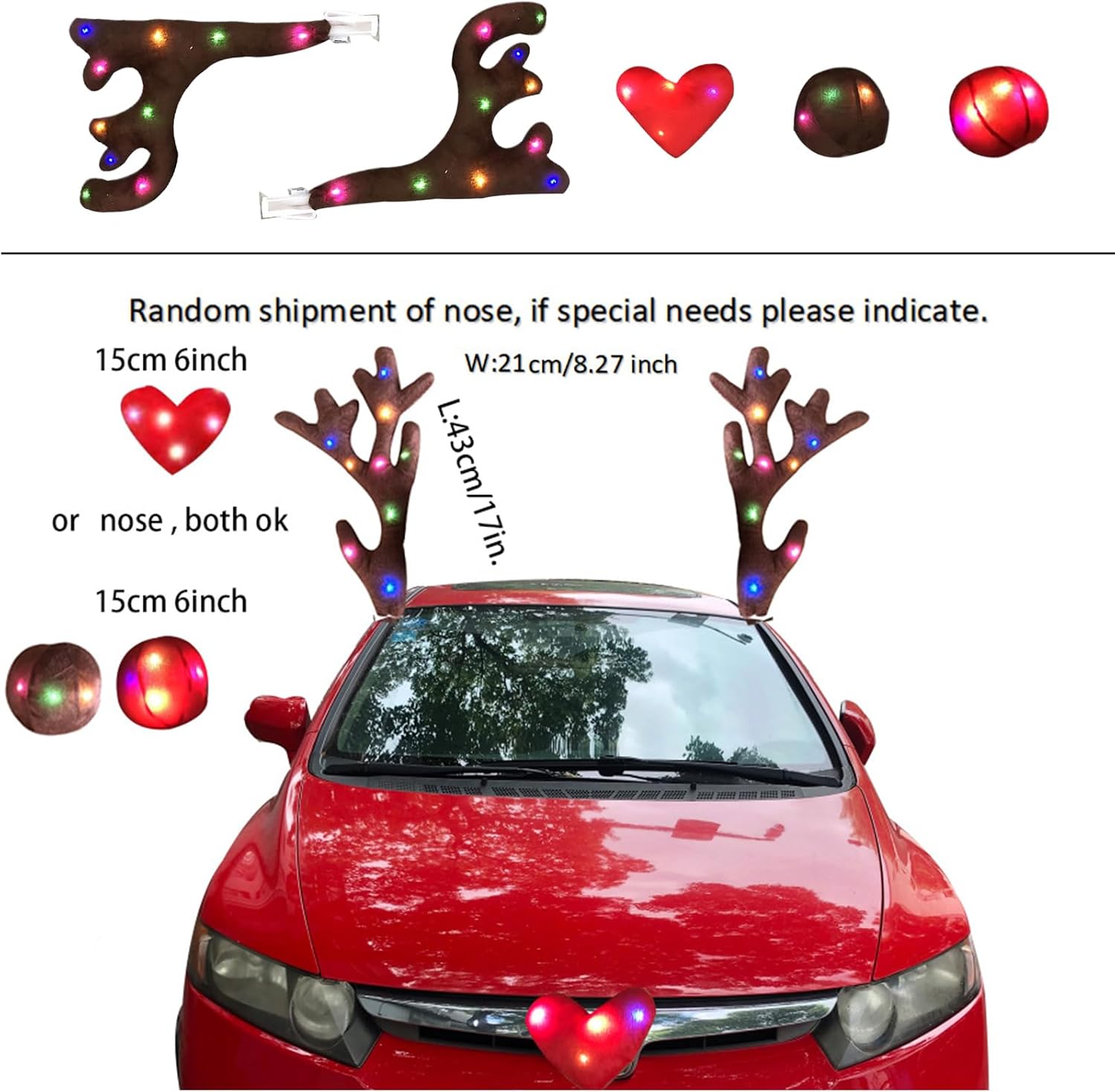 Reindeer Antlers Car Decoration – Light-Up Christmas Auto Exterior Ornament, Festive Hood Decor Feature, Easy Clip-On Design, Holiday Vehicle Accessory, Seasonal Display for SUVs Trucks RVs Sedans