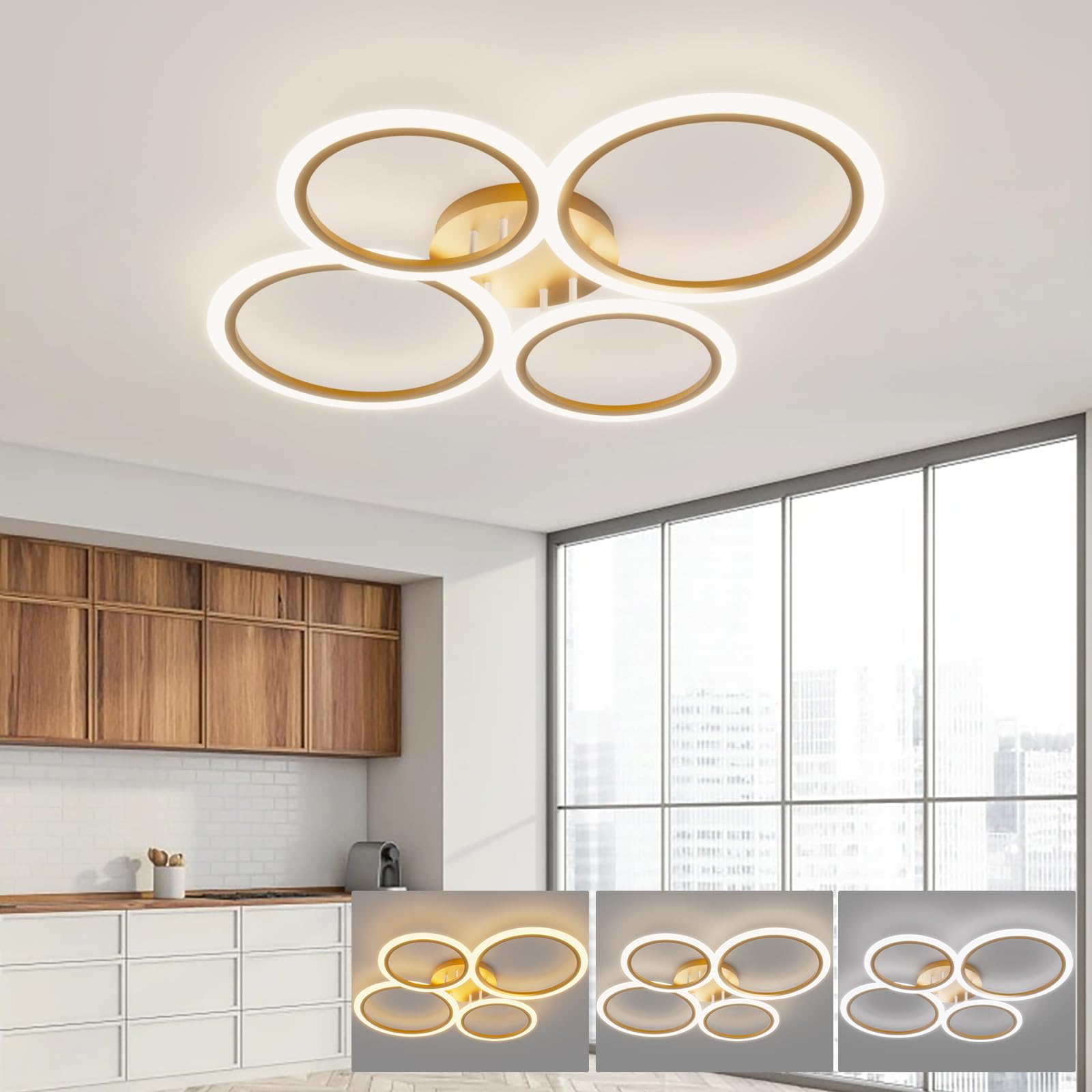 LED Plafondlamp Moderne Creativiteit 7-Ring Woonkamer Plafondlamp Bruin Ronde Cirkel Slaapkamer Kroonluchter, 3000K-6500K Dimbaar met Afstandsbediening Restaurant Indoor Plafondverlichting, 108W