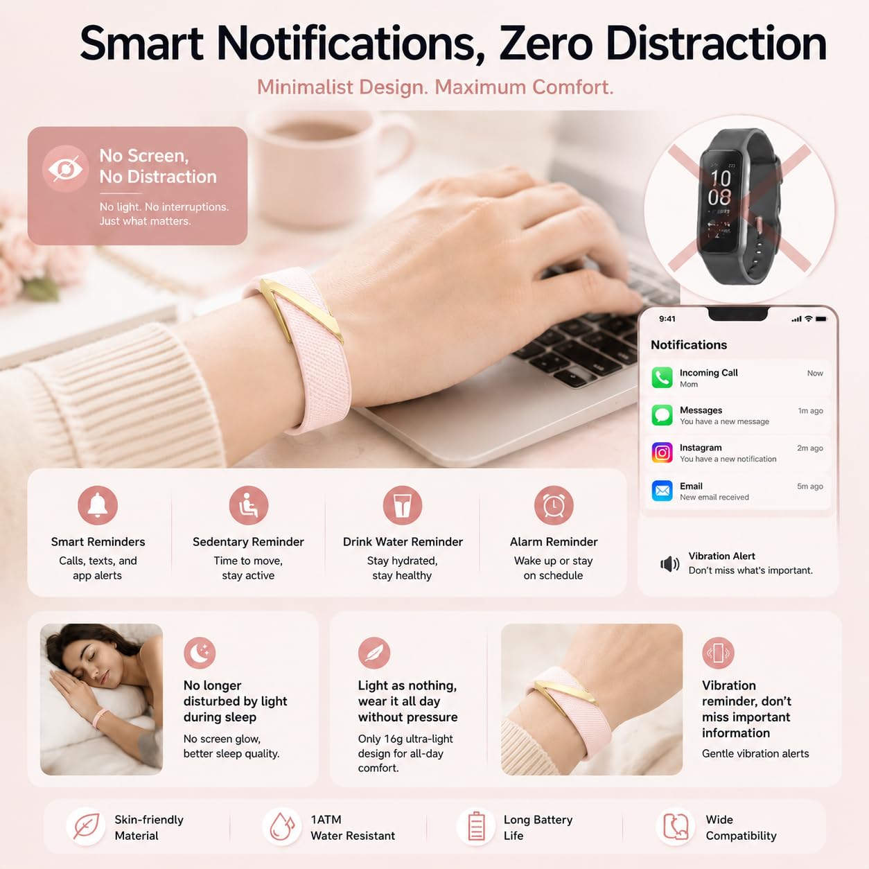 Rastreador de actividad inteligente con inteligencia artificial, monitor de frecuencia cardíaca 24/7, seguimiento multideportivo, sin pantalla, SOS y detección de caídas, impermeable y larga duración