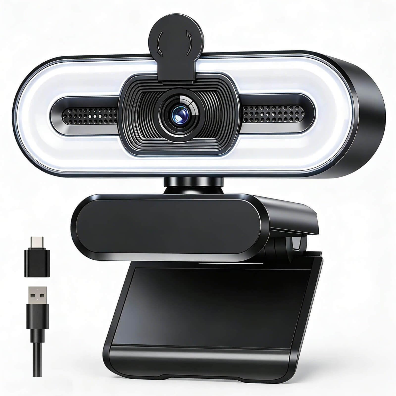 Cámara web 4K con luz de relleno, cámara de computadora con cubierta de privacidad y micrófono que reduce el ruido, cámara web para PC/portátil/Mac/monitor, adaptador USB-A a USB-C incluido, brillo