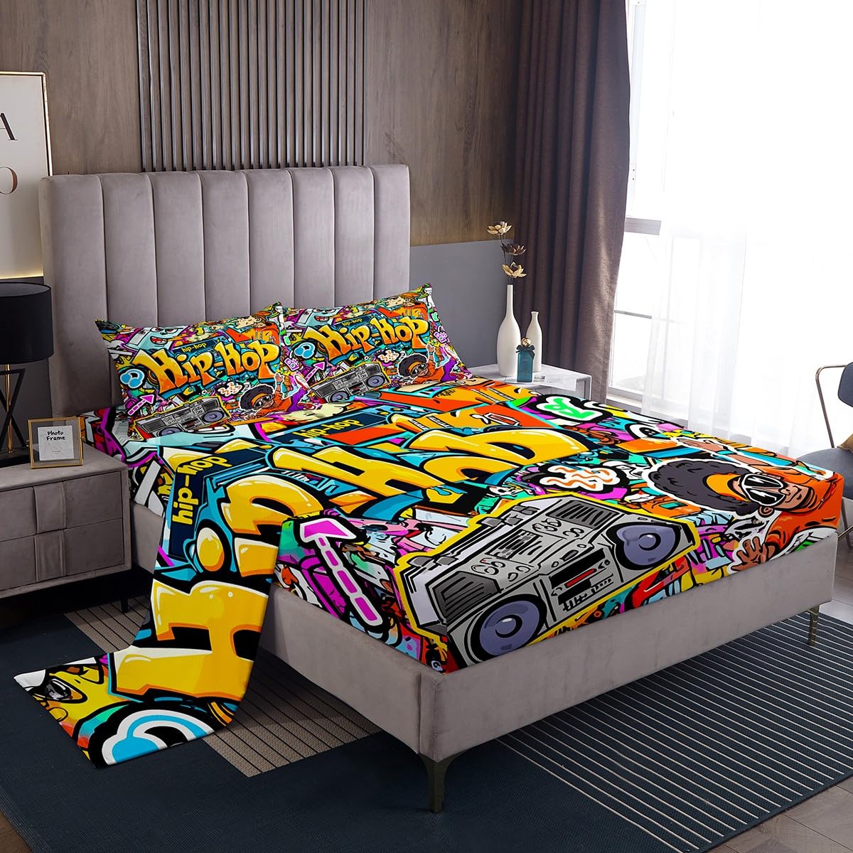 Homemissing Hippie Graffiti Style Bed Sheet Set King Size For Kids Boys Teens Hip Hop Decor Bedding Set Graffiti Graphic Sheet with Deep Pocket Fitted Sheet+2 Pillowcases Street Culture Sheet Set โ image 1