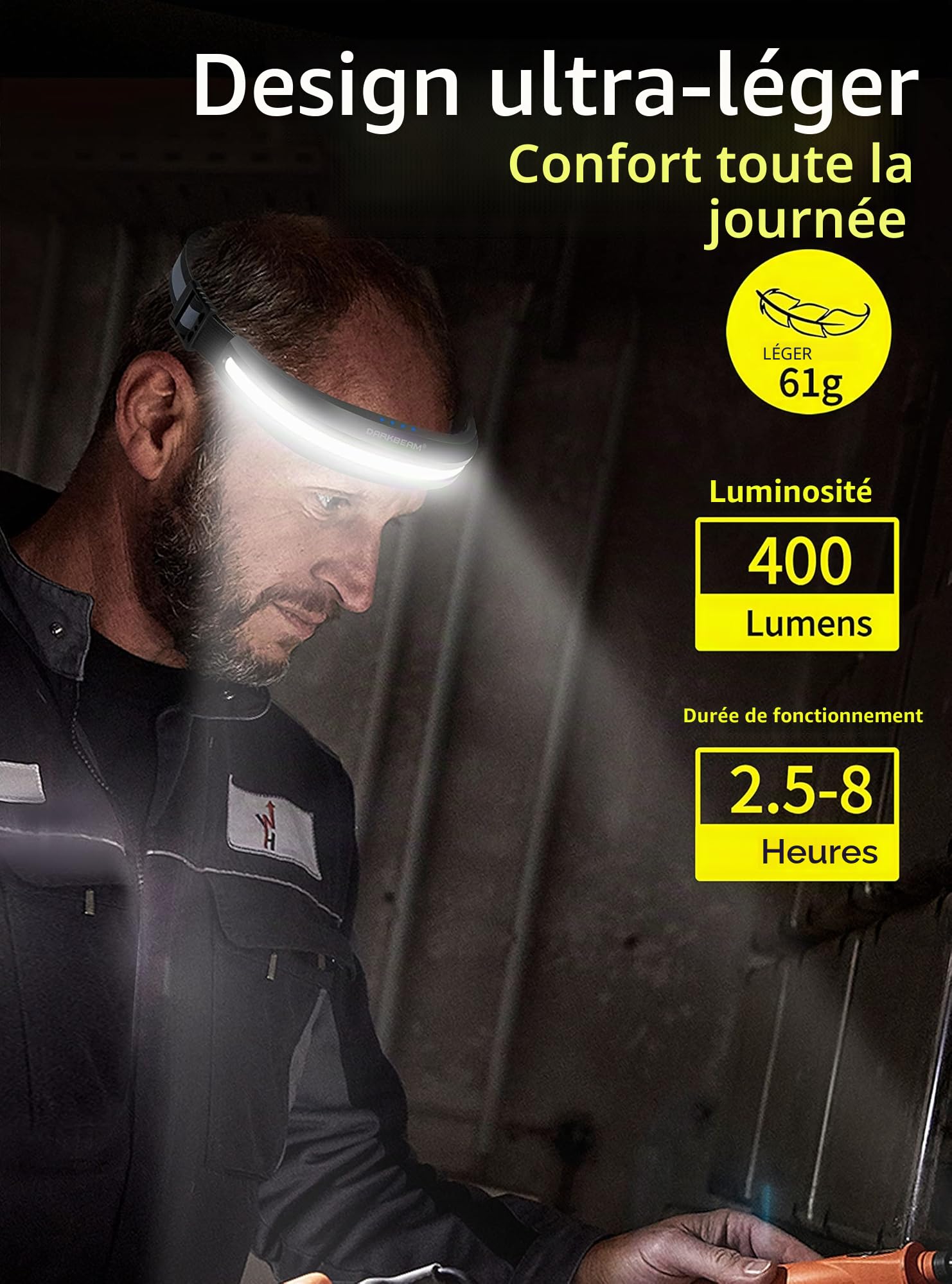 Lampe Frontale LED COB Vakler – Rechargeable USB-C – 230° – Double Lumière Blanche/rouge – 80g – IPX4 – Autonomie 8h