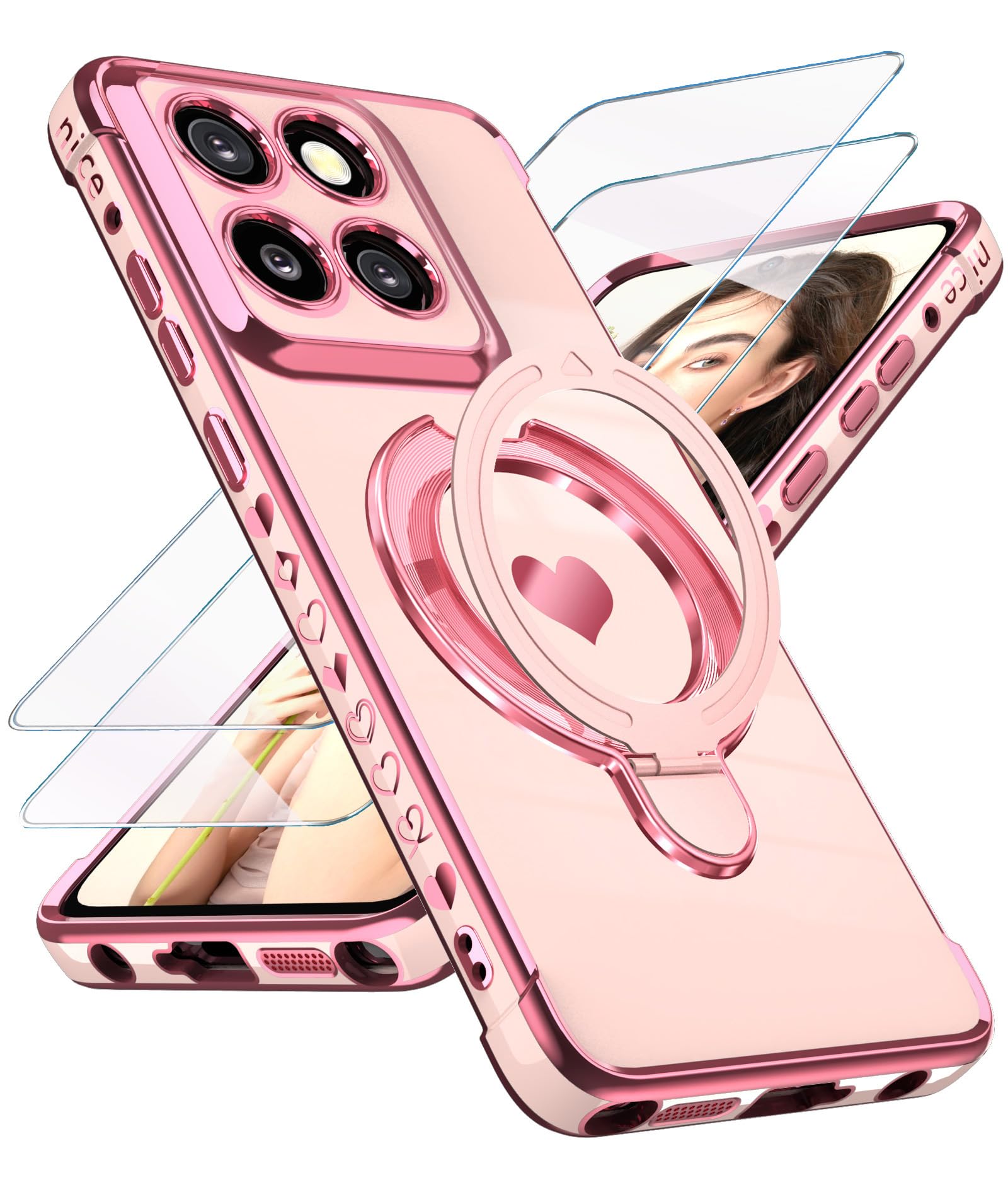 Funda para Motorola Moto G Stylus 5G 2025 con protector de pantalla de cristal: funda chapada en oro con patrón de corazón, funda de TPU suave a prueba de golpes, protección completa de la