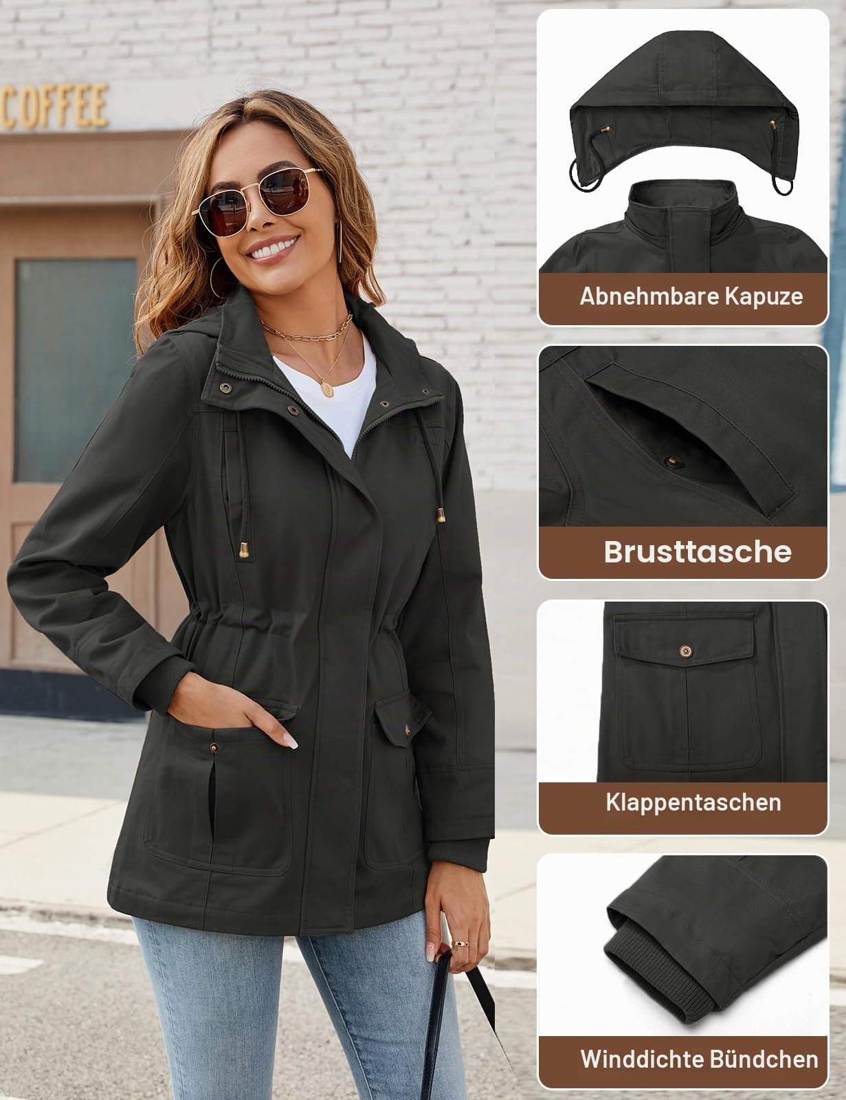 Tuopuda Übergangsjacke Damen Jacke Übergang Baumwolle Stehkragen Mantel Parka Jacket mit Kapuze mit Kordelzug Übergangsmantel Oberbekleidung für Frühling Sommer Herbst
