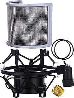 Microphone Shock Mount with Pop Filter, Mic Anti-Vibration Suspension Shock Mount Holder Clip for Diameter 46mm-53mm Microphone (Grey)