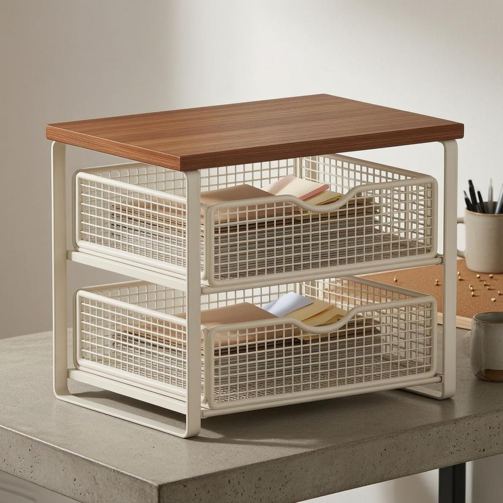 rockible Organizzatore da Scrivania Ufficio Mensola Ripiani Cassetto Portadocumenti Portapenne Struttura in Metallo Effetto Legno, Stile Nero, Noce, Con Cassetto, Rialzato Senza Installazione
