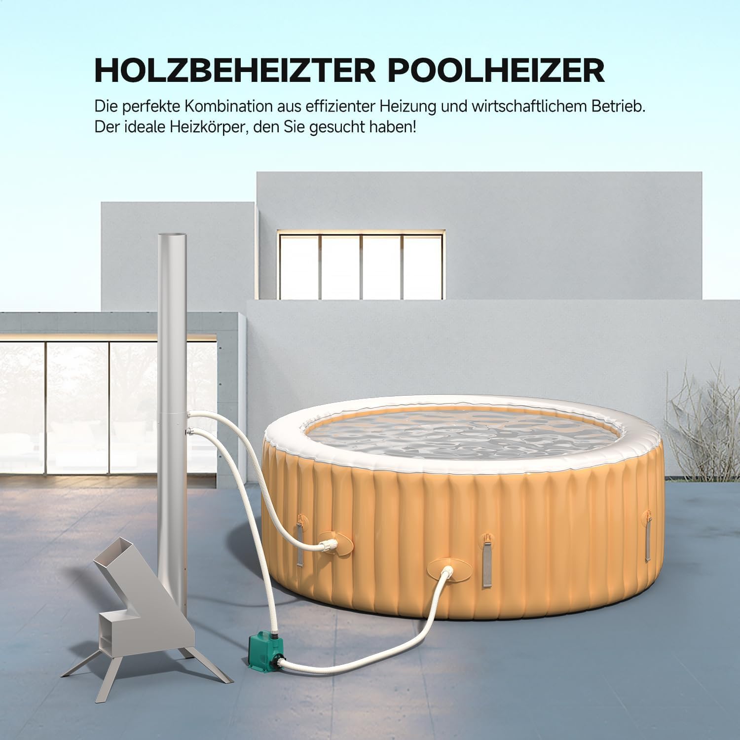ECOPOOLTECH Outdoor Poolheizung Holz Feuertonne, Tragbarer Brennholz Poolheizung Wärmepumpe, Edelstahl-Heizspirale Wärmetauscher Holzfeuer-Poolheizung für Spas, Badewannen, Schwimmbecken, Whirlpool
