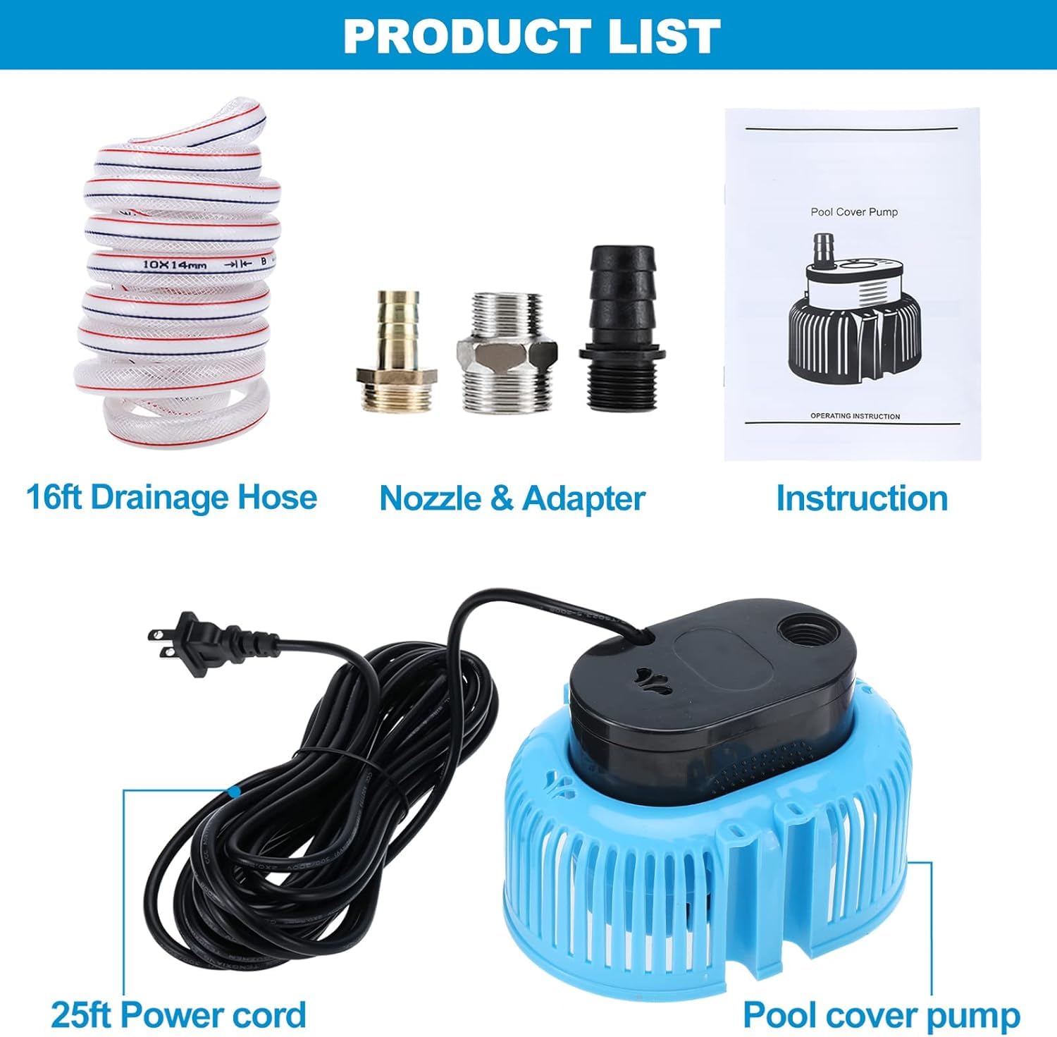 Yaegoo Pompa di copertura per piscina, AC 110 V 850 GPH fuori terra, pompa dell'acqua sommergibile con tubo di drenaggio da 4,9 m e 3 adattatori