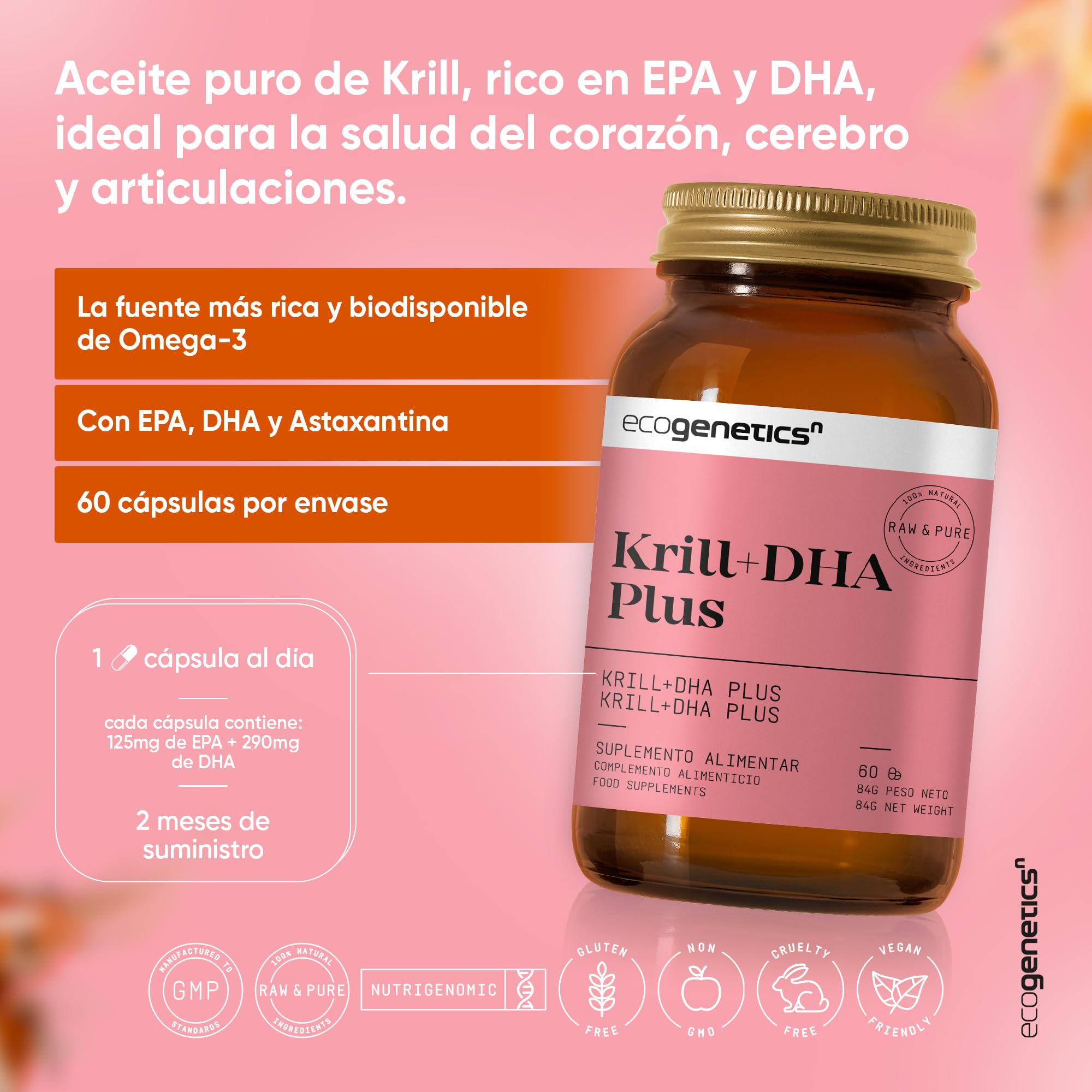 ECOGENETICS - Huile de Krill+DHA Plus 60 Capsules Molles | Source Premium d'Omega 3 (415mg par capsule) pour la Santé Cardiovasculaire | Stimulant Cérébral Idéal pour la Concentration et la Mémoire
