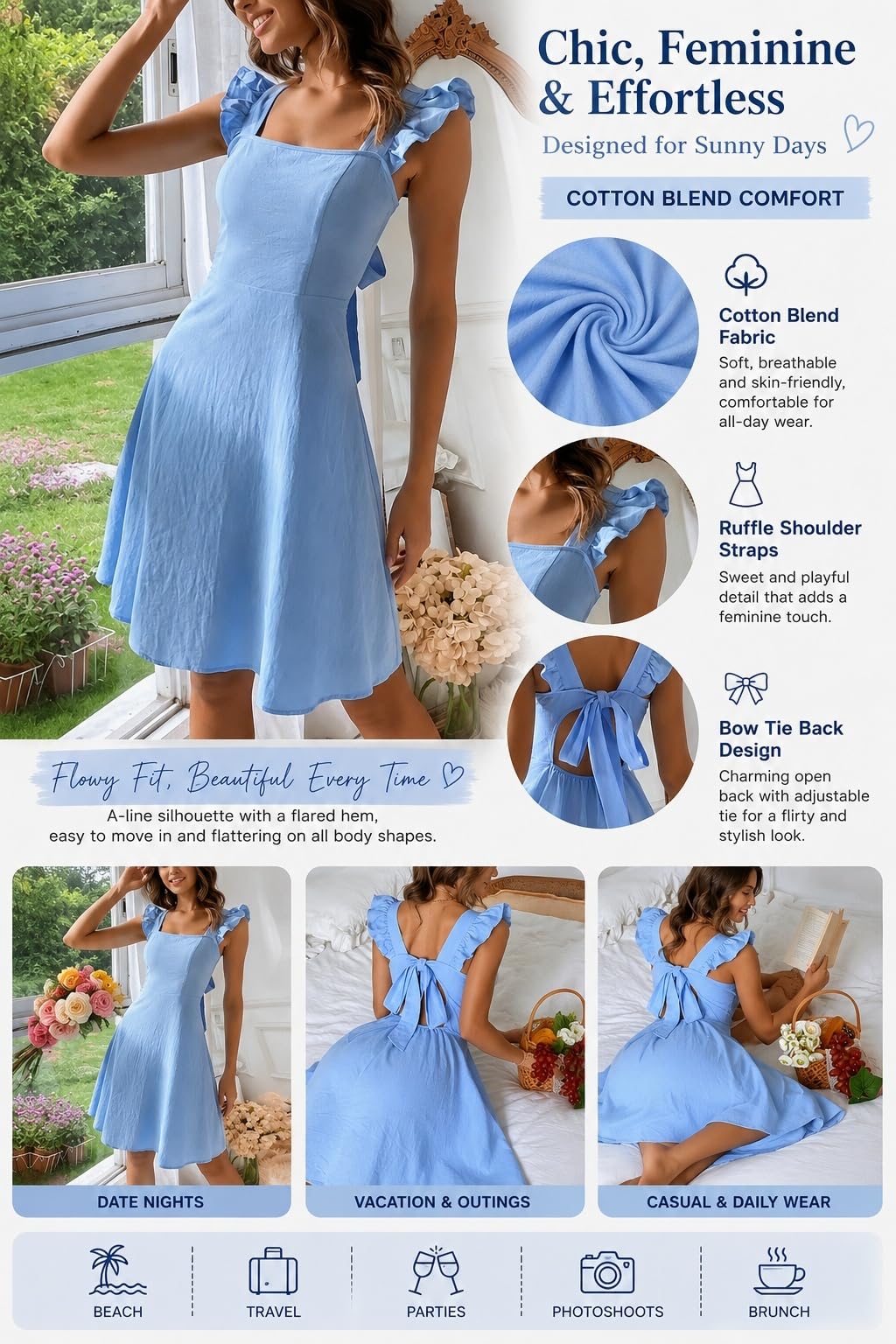Mini Sommerkleid mit Rüschen, Trägern, A Linie, Eckigem Ausschnitt, Offenem Rücken und Schleife – EIN Leichtes, Fließendes Sommerkleid mit Hohem Bund für Den Strandurlaub.