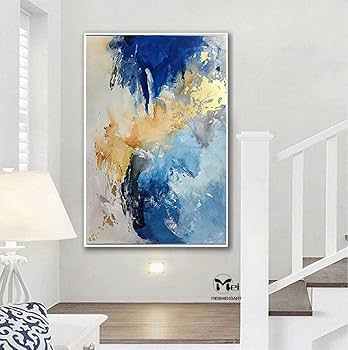 Amazon｜抽象絵画青と金の絵画金のキャンバスの絵画金の芸術特大