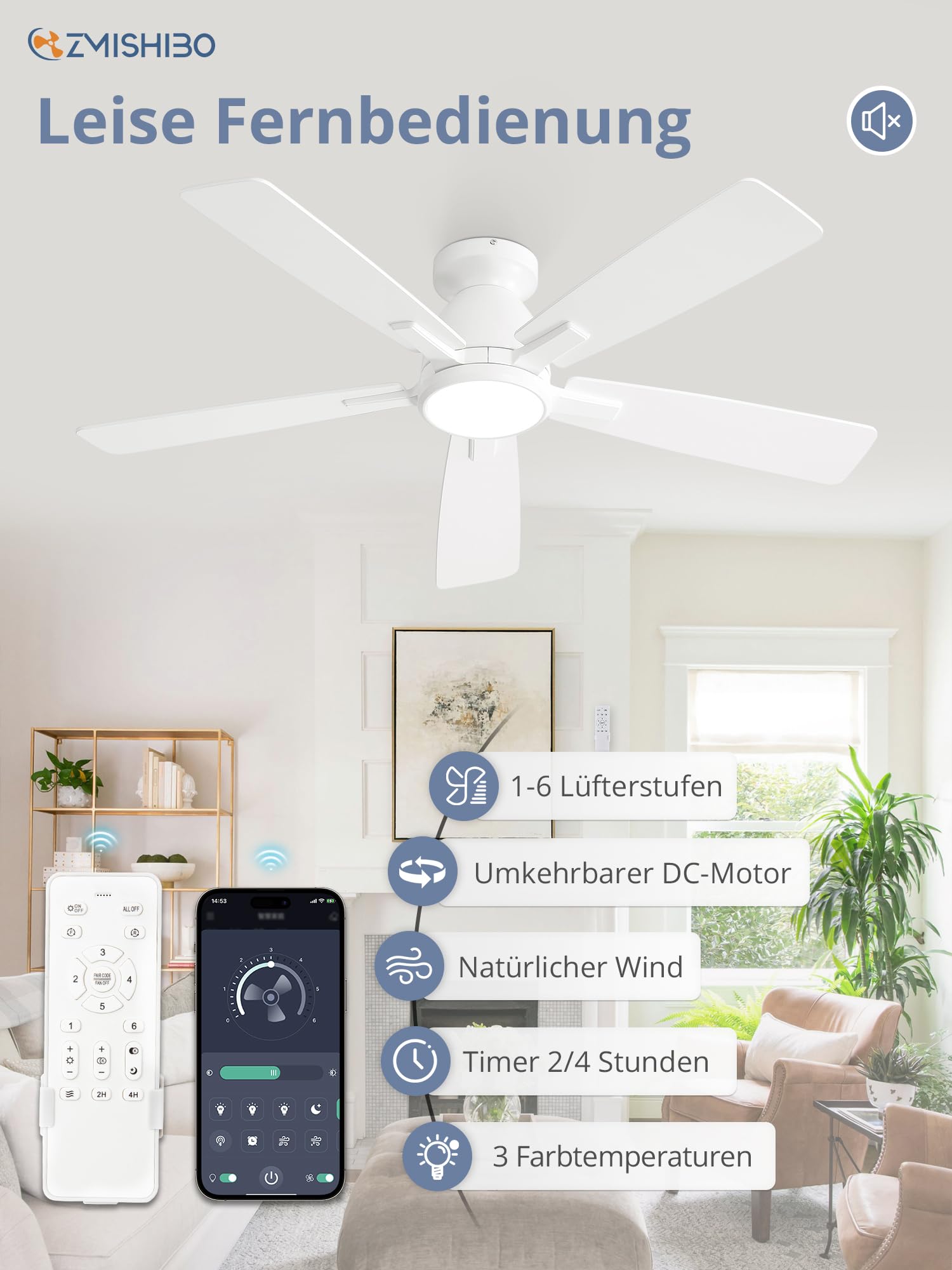 ZMISHIBO Deckenventilator mit Beleuchtung Ø117 cm,Leiser & Reversibler DC-Motor,Einstellbares LED 3000K-6000K,10-100% dimmbar,Ventilatorlampe mit Fernbedienung/App,6 Geschwindigkeiten für Schlafzimmer