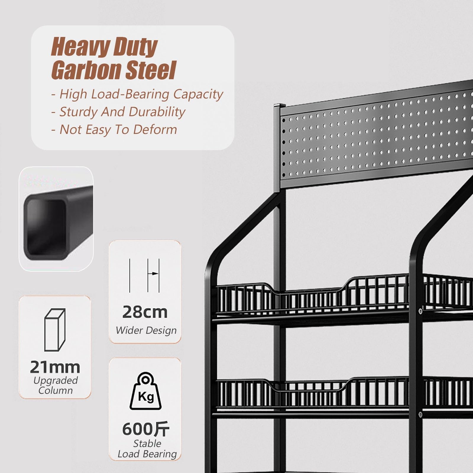półki, Czarny stojak na przekąski podłogę, duży do sprzedaży detalicznej, metalowy drut, słodycze, wózki przechowywania z kółkami(4 Tier 19.6x10.6x55.1in)