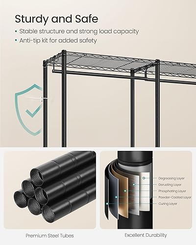 Miniatura 5 de SONGMICS Perchero de Ropa, Perchero de Prendas Resistente con Estantes de Almacenamiento Ajustables y Rieles Colgantes, Ganchos, Perchero de Armario