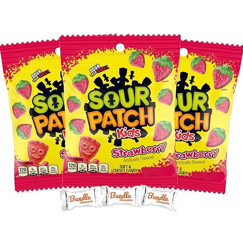 Sour Patch Kids FRESA, caramelo suave y masticable, 3.6 onzas (paquete de 3) con paquete de dulces Bonanza