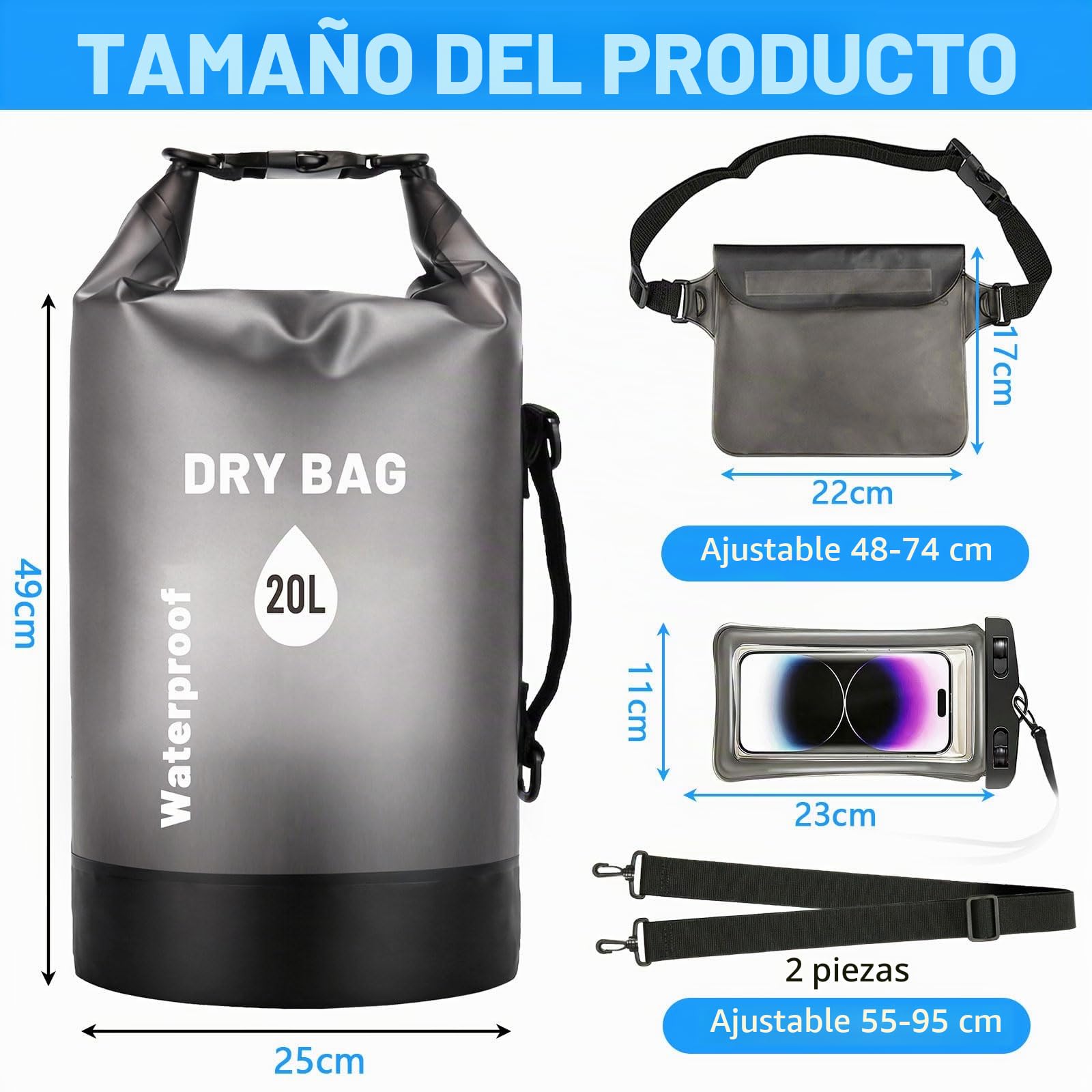 Dry Bag 20L Bolsa Estanca con Riñonera Impermeable y Funda para Móvil | PLCatis Mochila Estanca Waterproof Dry Bag Backpack para Barcos Kayak Sup Deportes Acuáticos y Camping - Negro