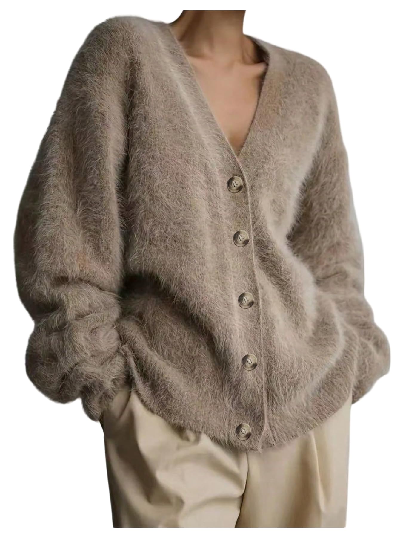 WDIRARA Womens Plus Size Fuzzy Button Down Cardigan Sweater Long Sleeve V Neck Outerwear
