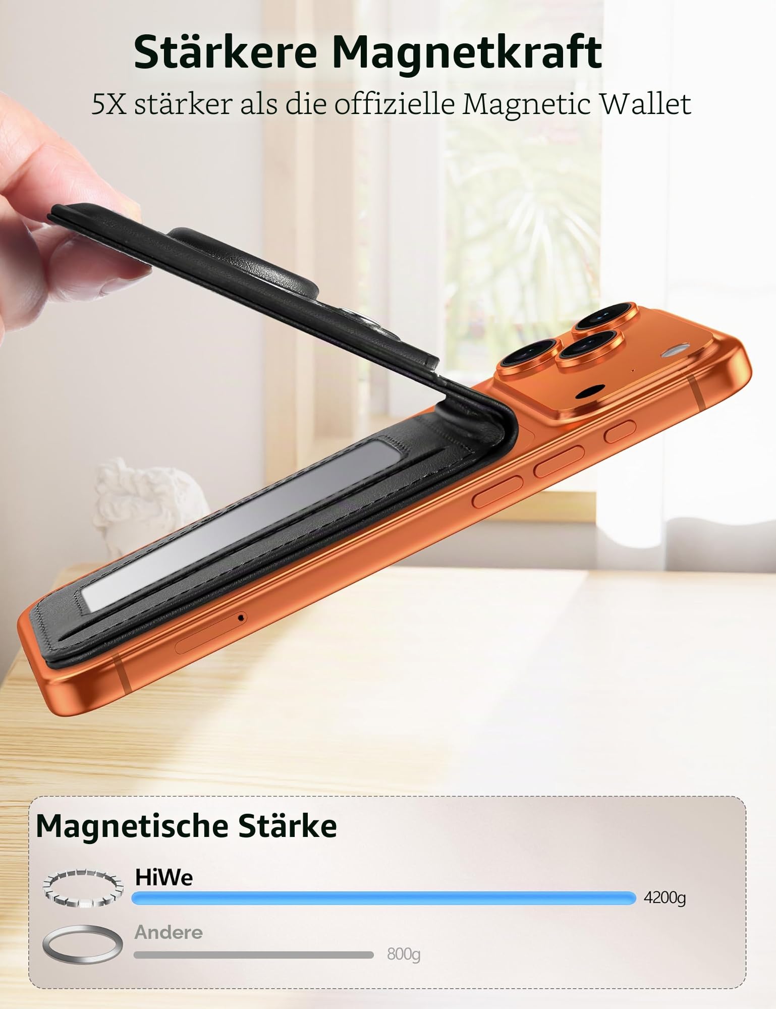 Stärkster Mag-Safe Wallet Stand mit Airtag-Halterung für iPhone 16/15/14/13/12 Serie, RFID-Leder, Ausweisfenster, magnetisch, 6 Kartenhalter, Schwarz