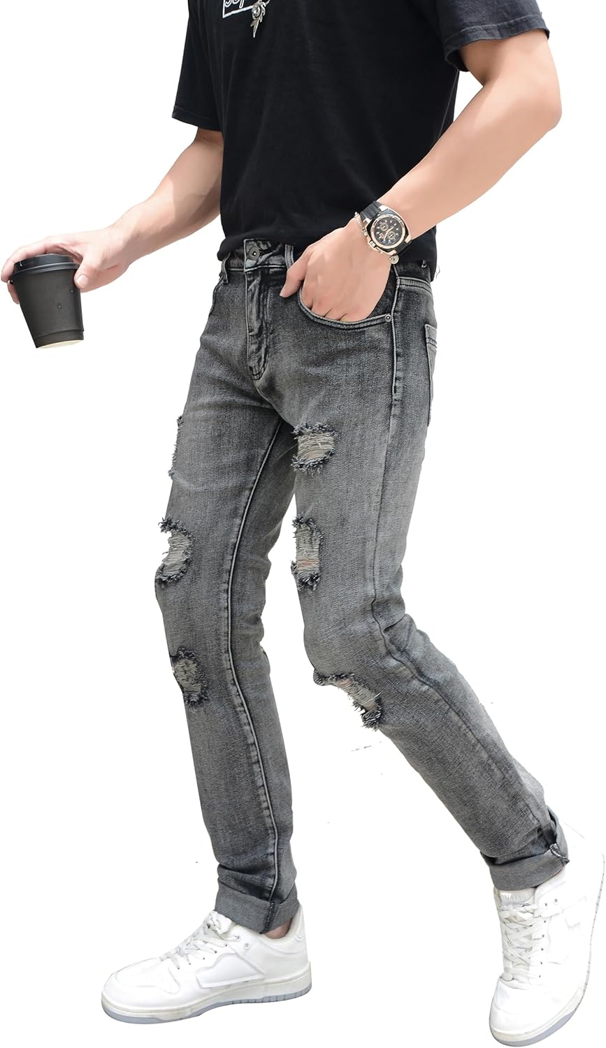 CICOS Mens Jeans Slim Fit Stretch Ripped Jeans for Men Relaxed fit Distressed Straight Leg Fashion Cotton Comfort Flex Pants