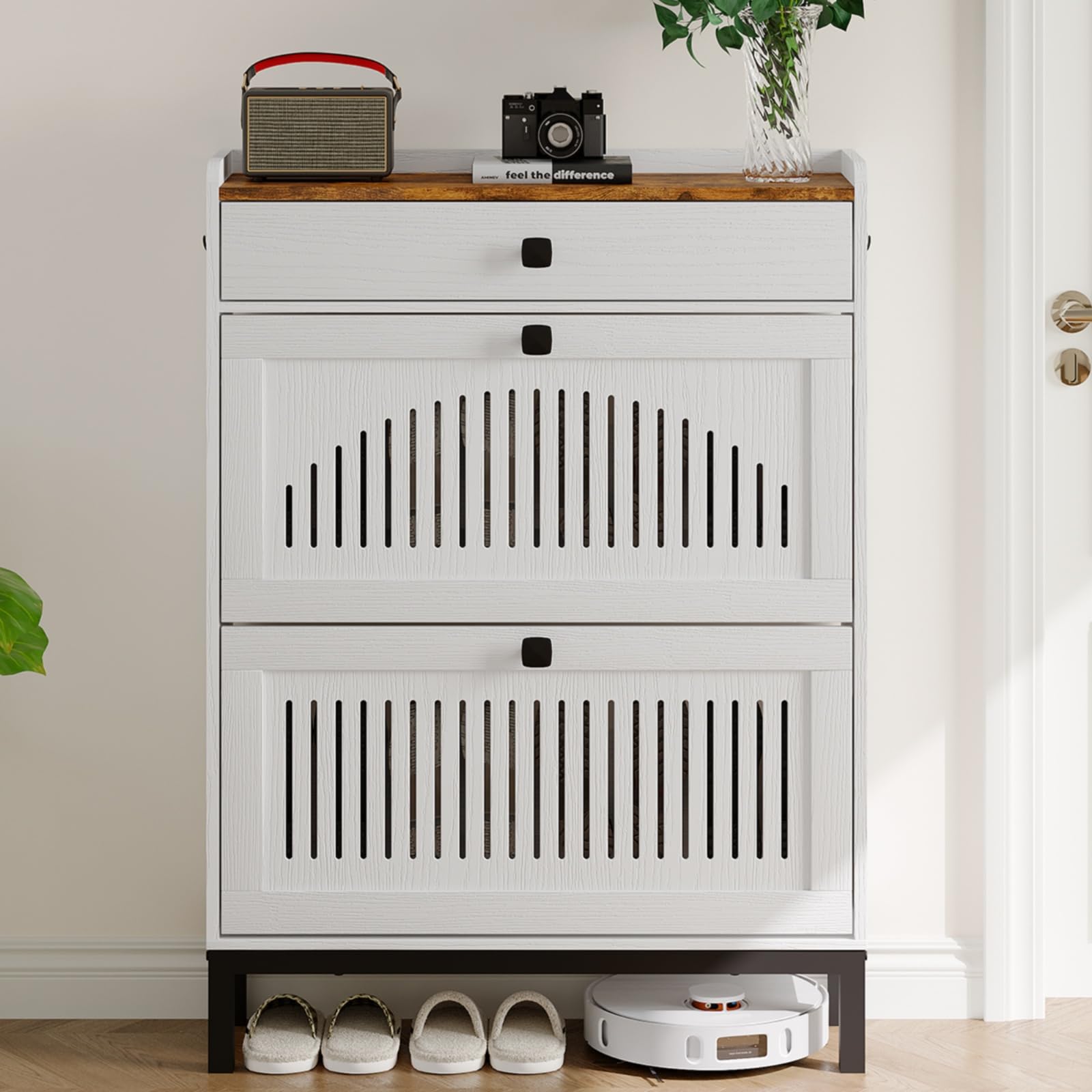 IDEALHOUSE Shoe Cabinet with 2 Flip Drawers and 1 Top Drawer, White