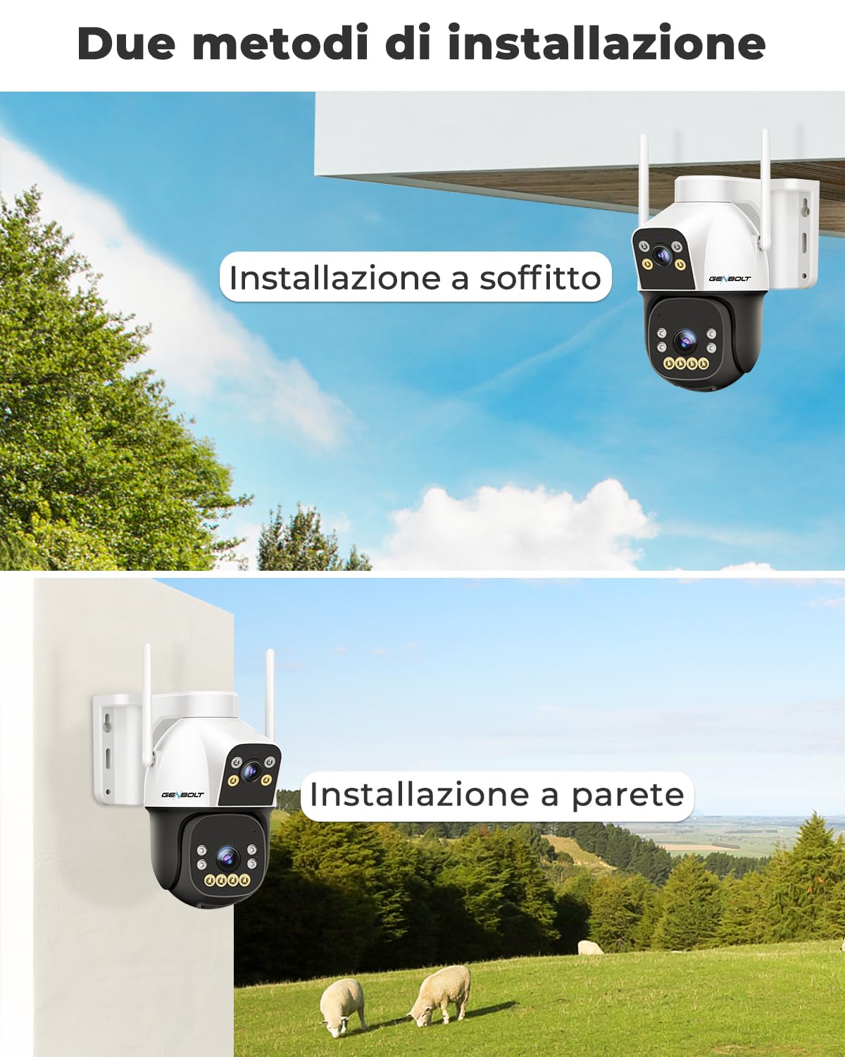 GENBOLT 4G AOV Solare Telecamera Esterno Senza Fili di Sicurezza Esterni, Registrazione 7/24 3MP+3MP IP Videocamera Sorveglianza con Rilevamento AI a SIM Card, CCTV Camera Batteria 8W 15600mAh