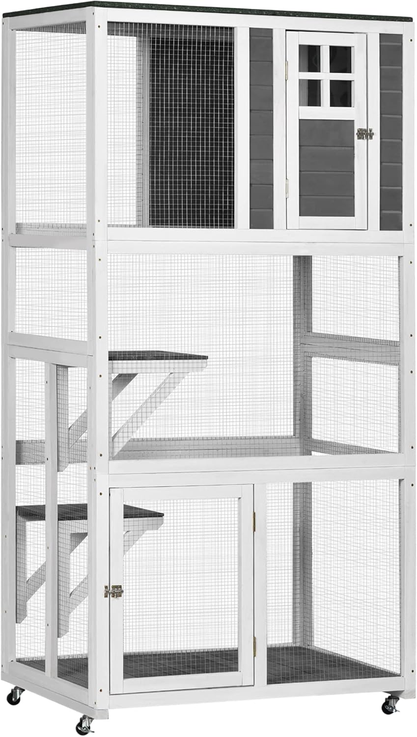 PawHut Catio - Casa de madera para gatos al aire libre de 74 pulgadas resistente a la intemperie y con ruedas recinto para gatos al aire libre con