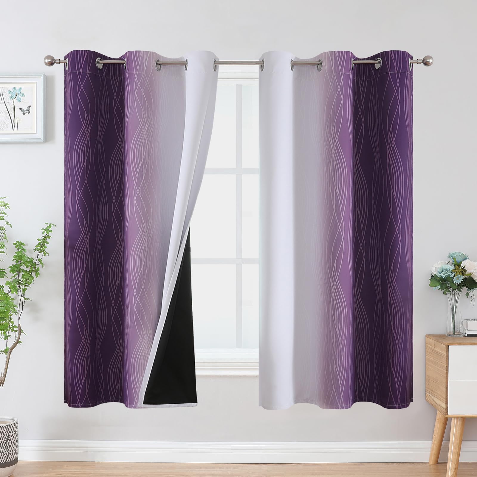 Estelar Textiler Purple and Greyish White Blackout Curtains &amp; Drapes for Bedroom, Thermal Insulated Ombre Blackout Drapes, Room Darkening Energy Saving Curtains for Living Room, 42Wx63L, 2 Panels