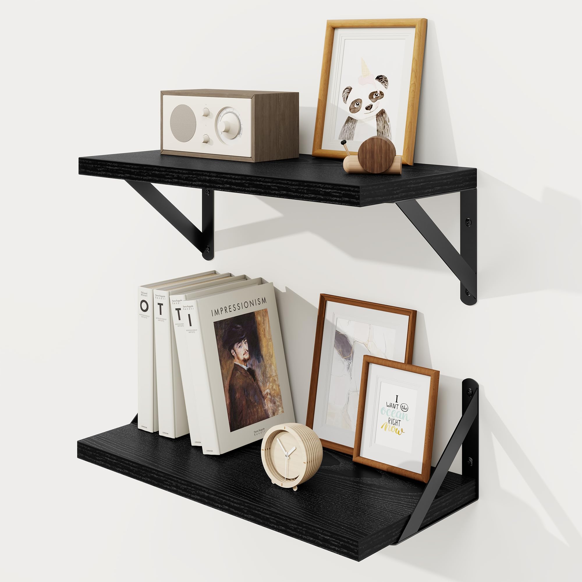 Floating Shelves, 8 Inch Deep Rustic Wood Wall Storage, 16W x 8D Wall Shelves Set of 2, Heavy Duty Metal Brackets, Industrial Book Shelf for Living Room, Kitchen, Bathroom, Bedroom, Black