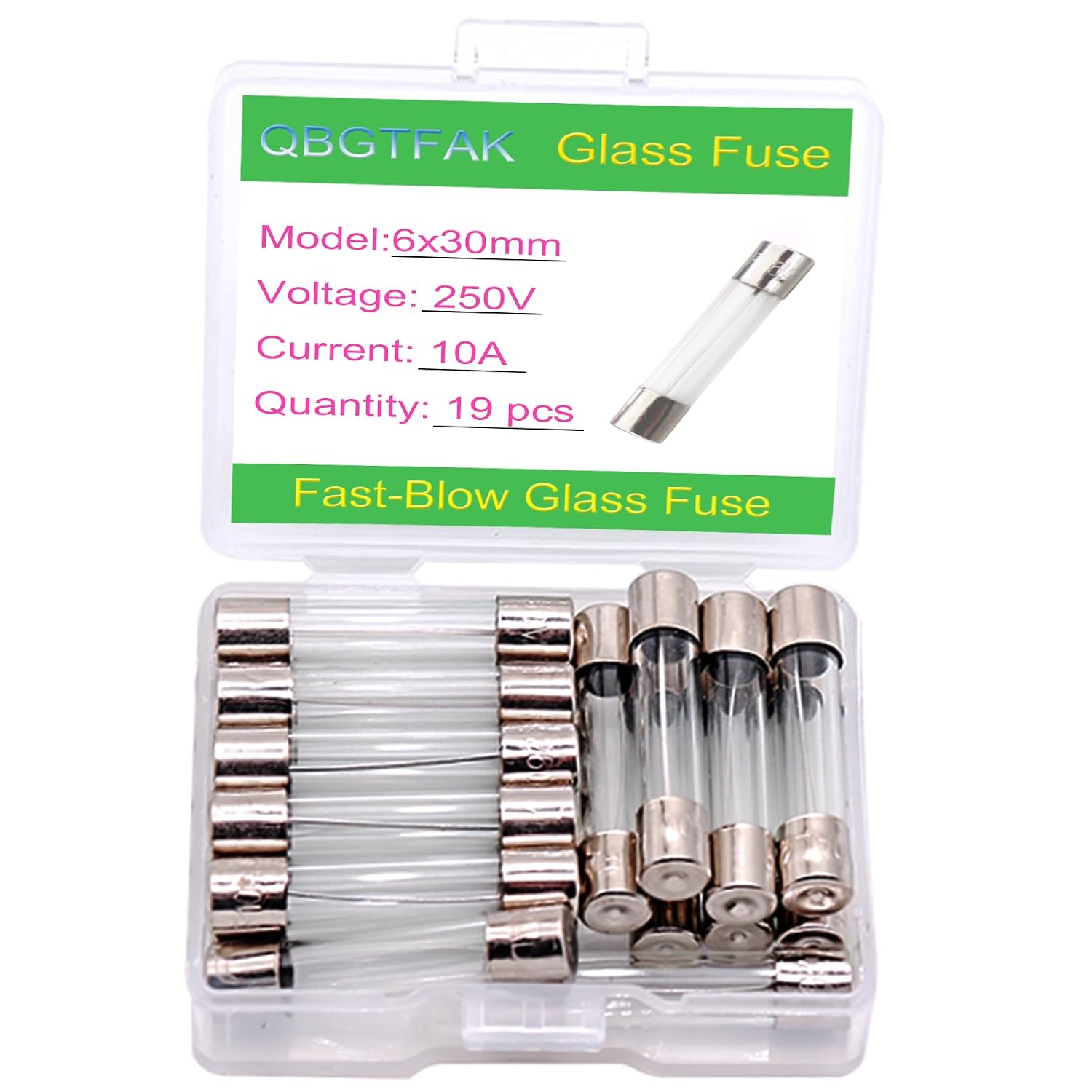 19 Pcs 6x30mm 10 A 10 amp 250 V 0.24x1.18 Inch Volt F10AL250V Fast-Blow Glass Fuses (10A)