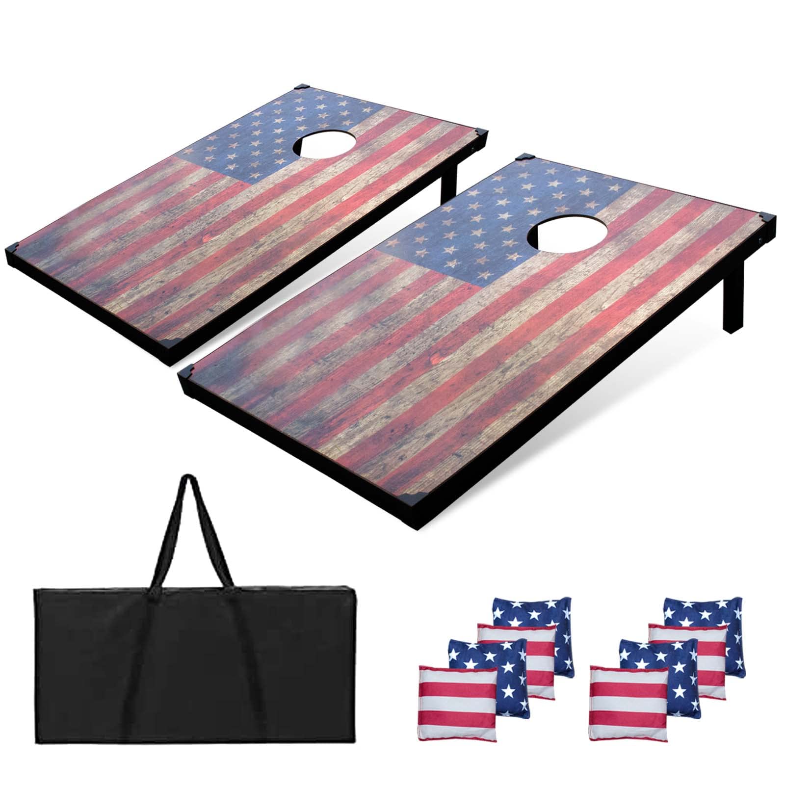 Photo 1 of Corn Holes Outdoor Game Set: 3'x 2' Wood Cornhole Set with 2 Cornhole Boards, 8 Cornhole Toss Bags and Carrying Case for Adults/ Kids/ Families, Corn Hole Game Perfect for Backyard, Beach,Camping Retro USA Flag 3'x2'