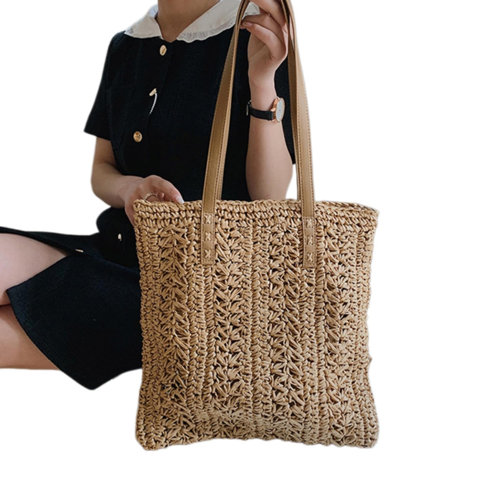 Beauty Case Casual Donne Cavo Tessuto Tote Borsa, Borsa A Tracolla Leggera di Paglia con Stile Naturale Raffia per L'indossamento Giornaliero Estivo