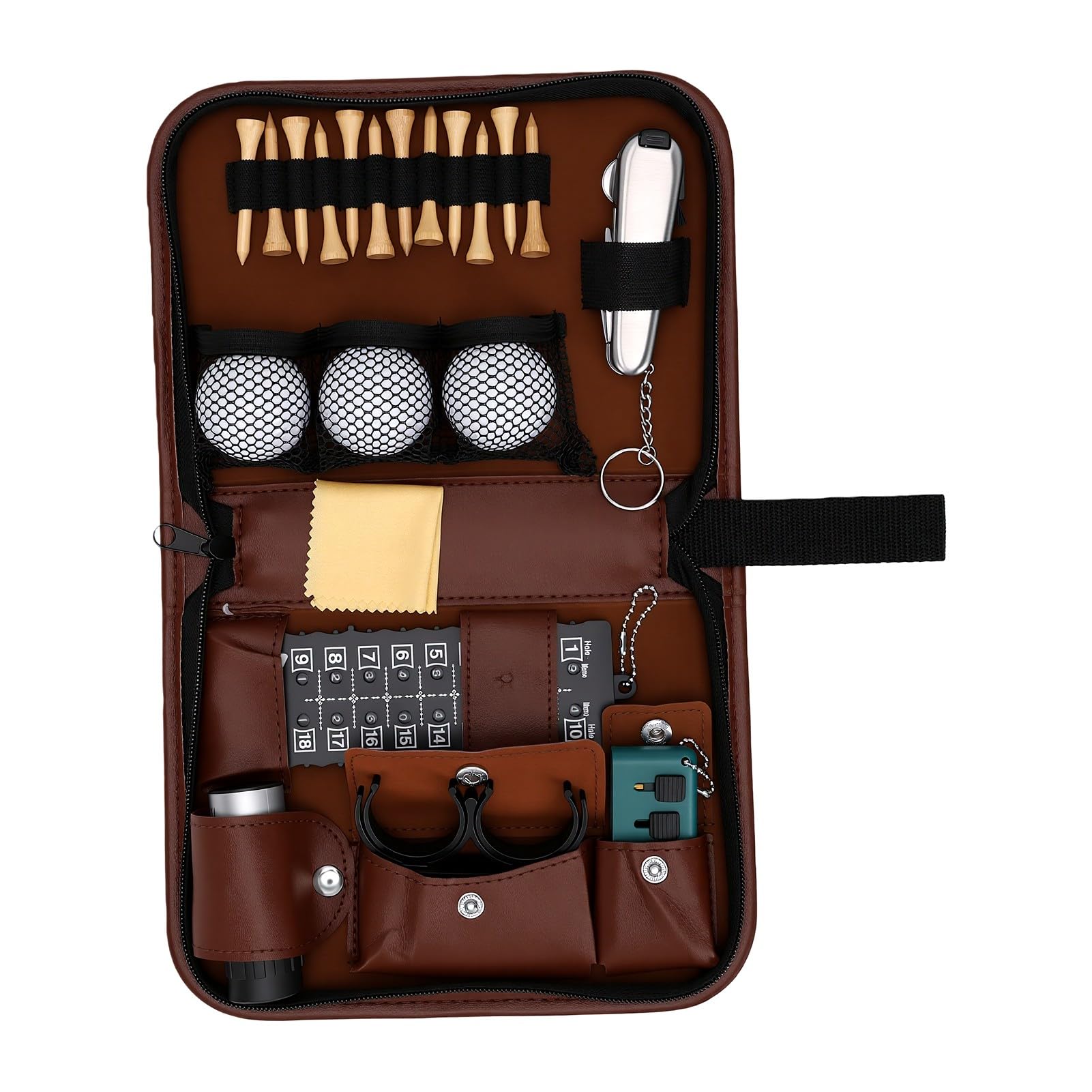 SIXRUN Golf Tee Set, Golfzubehör mit PU Leder Tragetasche, 3 Bälle und 12 | Verschleißfester Organizer, Tragbare Golftasche mit Bürste und Entfernungsm.