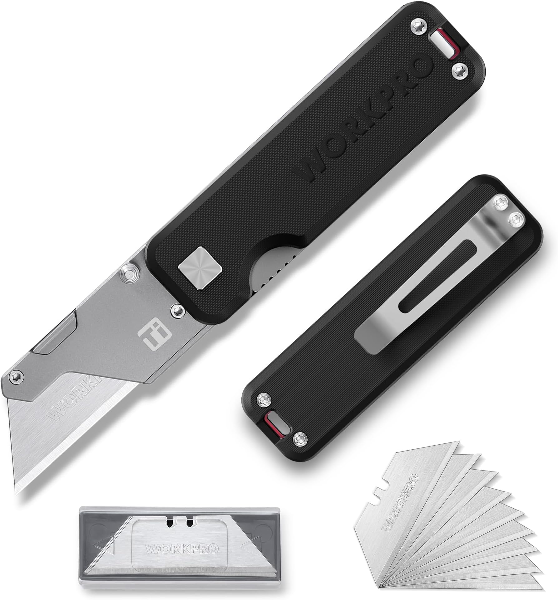 WORKPRO Cutter, Utility Knife, Folding Knife, Liner Lock, G10 Bundle, Titanium Alloy Blades with Belt Clip, Lightweight, Sharp, Total Length 5.4 inches (13.7 cm), Includes 10 Replacement Blades